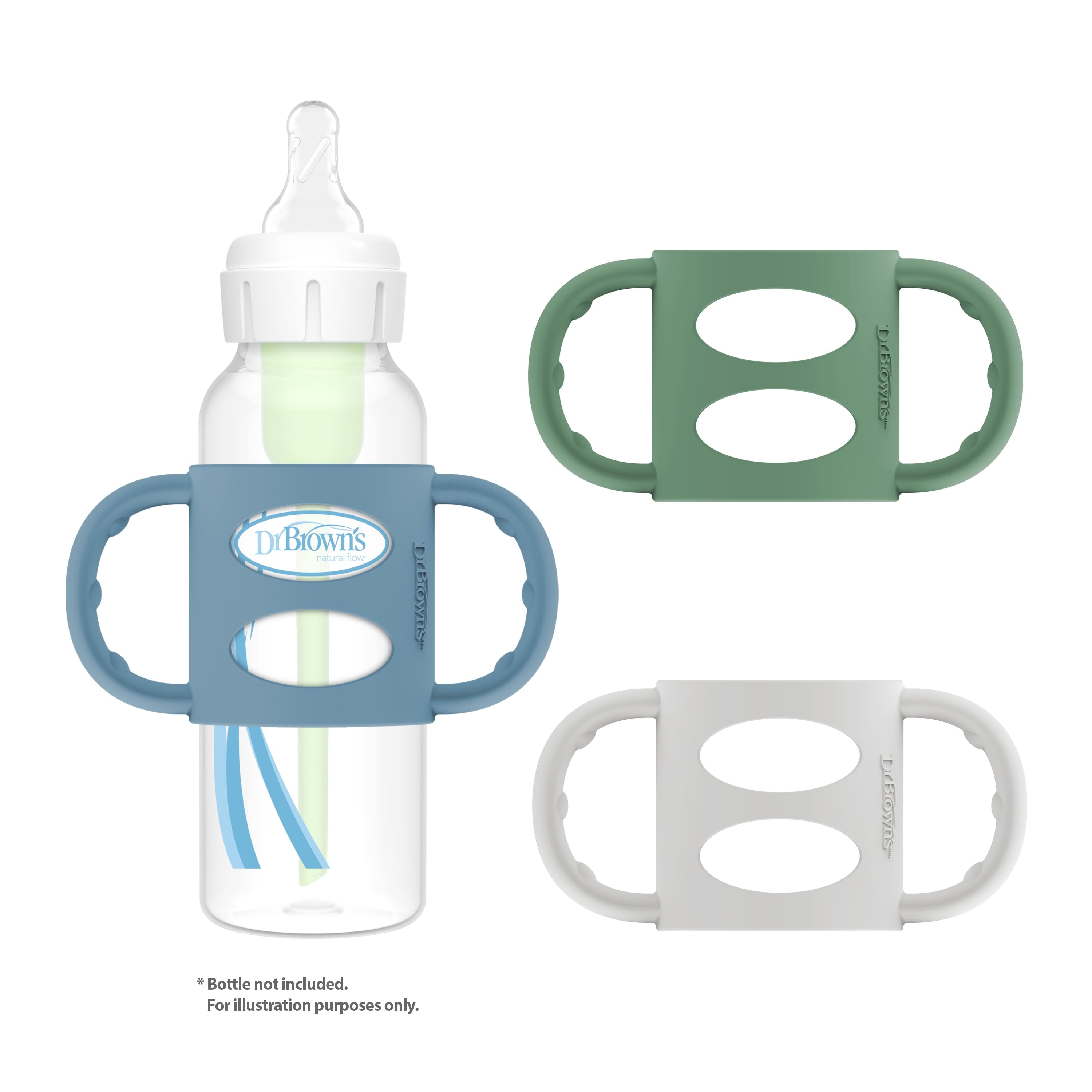 Dr. Brown's Milestones 100% Silicone Baby Bottle Handles, Narrow, 4m+, Light Blue/Green/Gray, 3 Pack