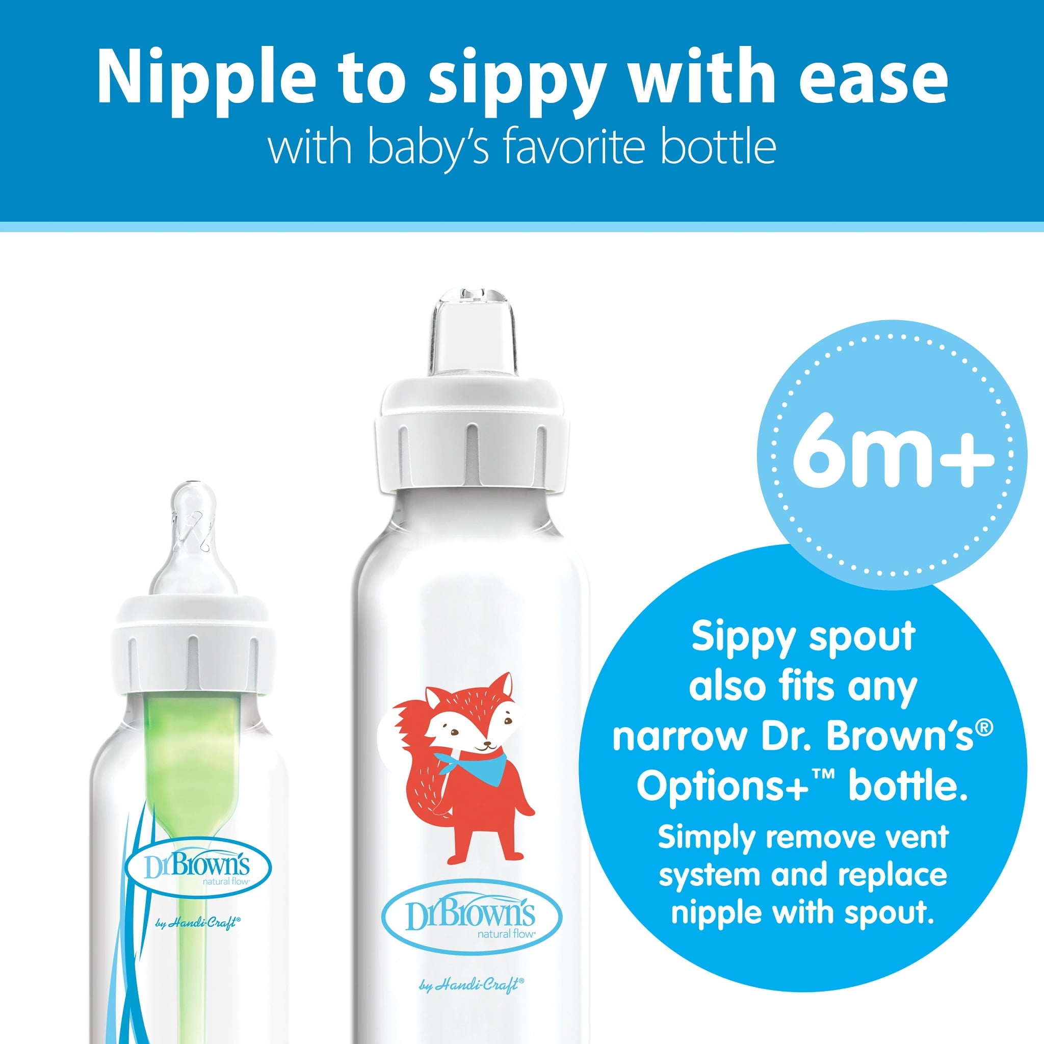 Dr. Brown's Milestones Narrow Sippy Bottle, 100% Silicone Spout, 8oz/250ml, 6m+, Fox, 1 Pack