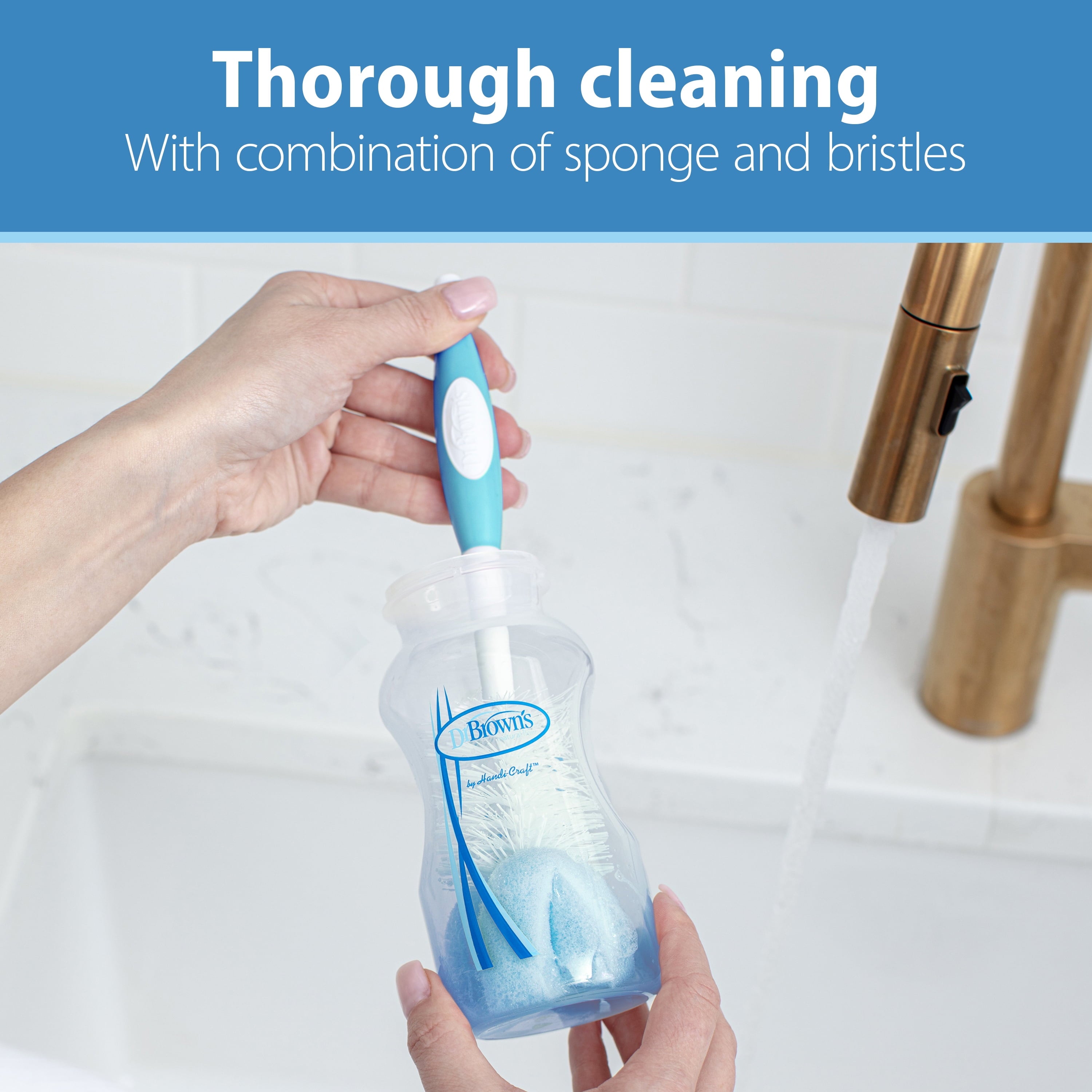Dr. Brown's Baby Bottle Brush with Suction Cup Stand, Sponge, Scrubber & Nipple Cleaner Blue, 3 Pack