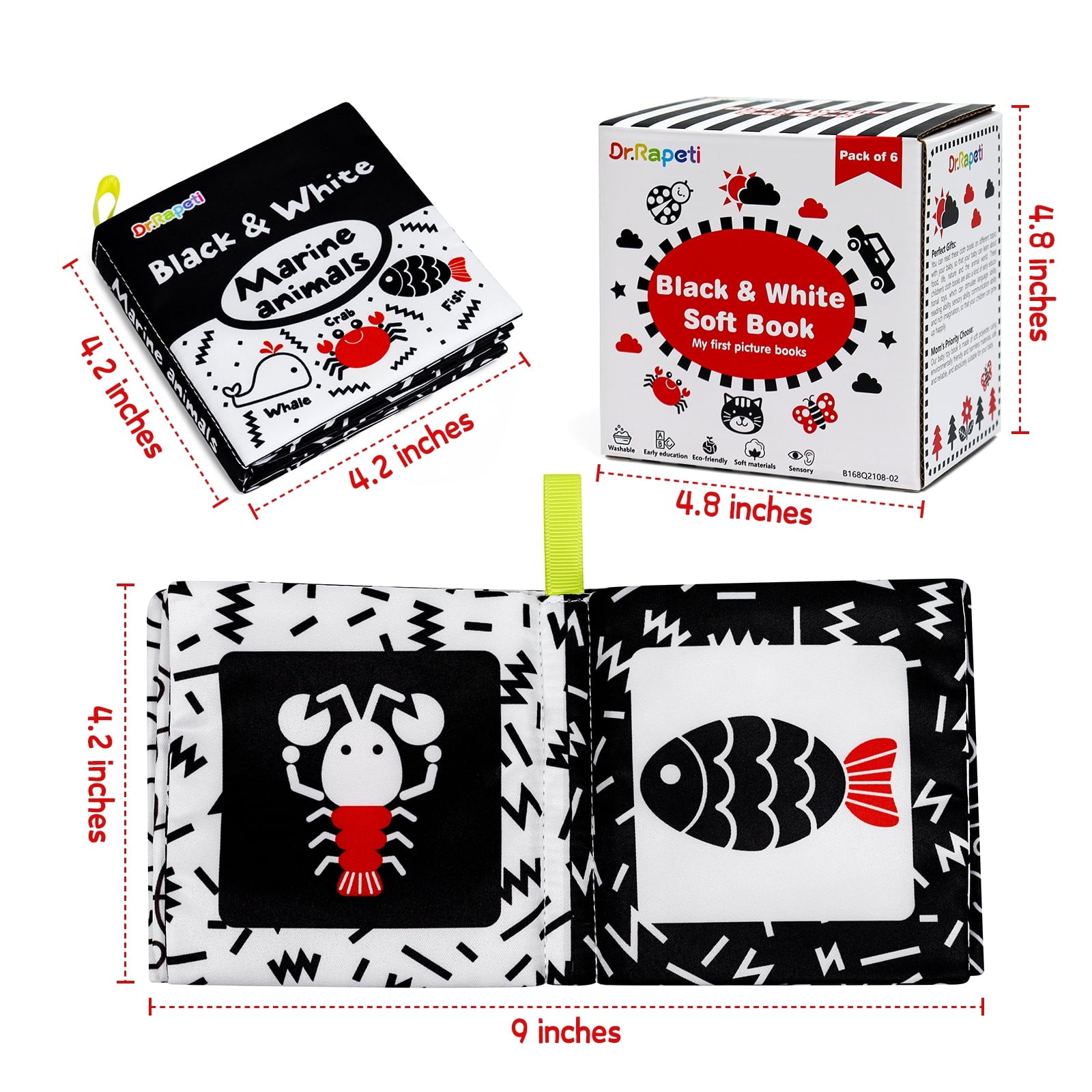 Dr.Rapeti Soft Cloth Books Baby Books Bath Books 6-Pack for Baby Infant Toddler Kids High Contrast Black and White Crinkle Washable Giftable
