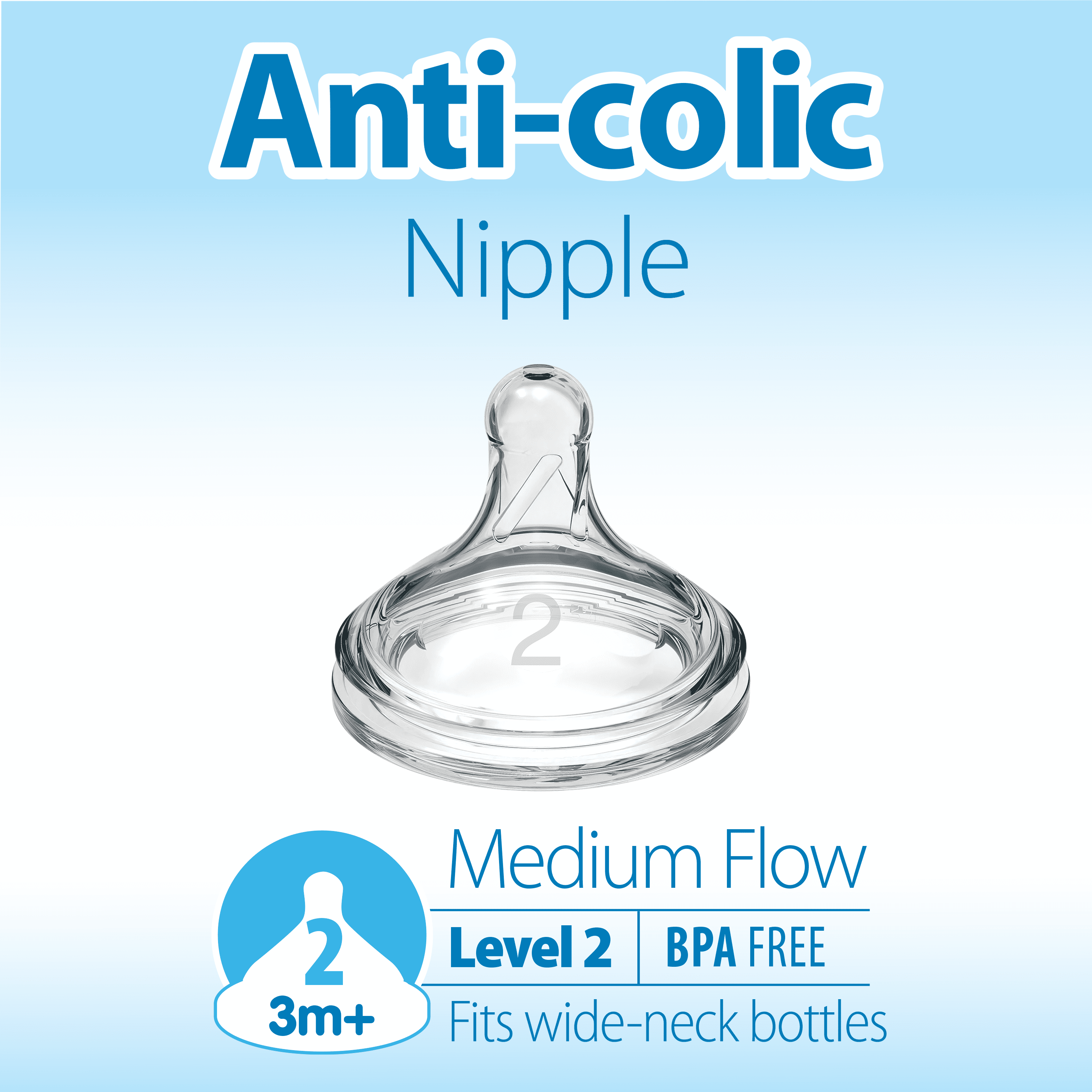 Dr. Brown's Natural Flow Level 2, Wide-Neck Baby Bottle Nipple, Medium Flow, 3m+, 100% Silicone, 2 Pack