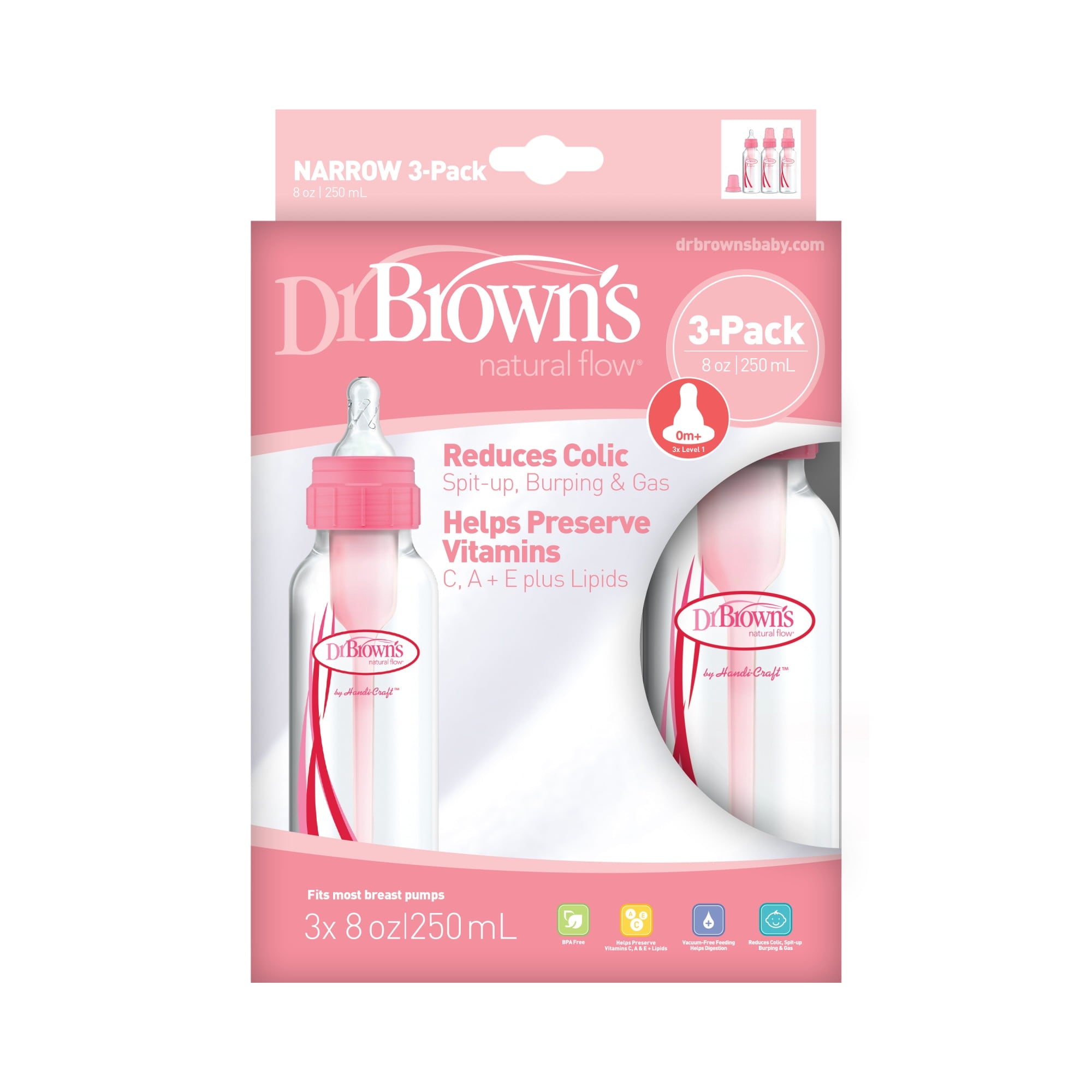 Dr. Brown's Natural Flow Anti-Colic Baby Bottles -Pink - 8oz - 3-Pack