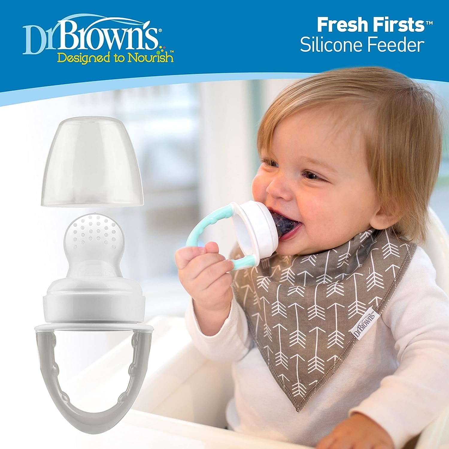 Dr. Brown's Designed to Nourish, Fresh Firsts Silicone Feeder, Solid Food Feeding, Mint/Gray, 2 Pack