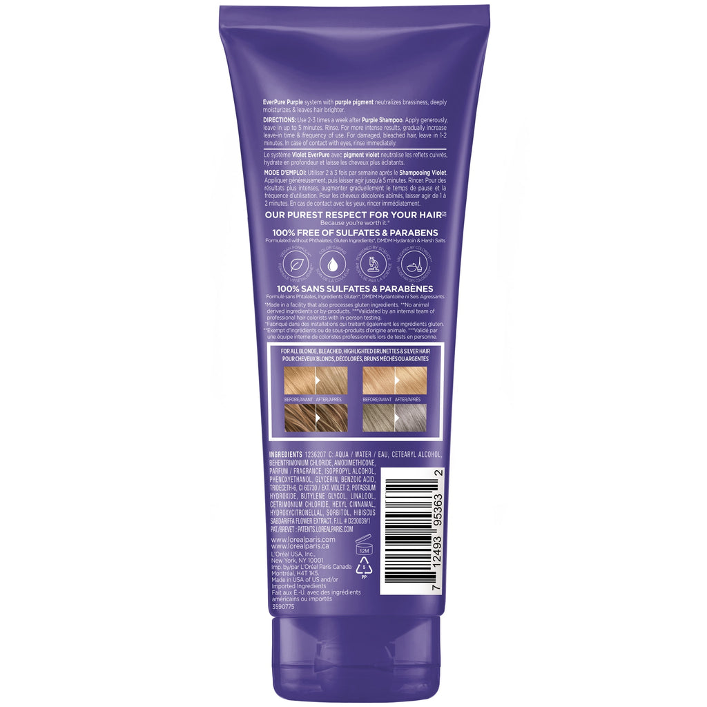 L'Oreal Paris EverPure Sulfate Free Purple Hair Conditioner, Squeeze, 6.8 fl oz