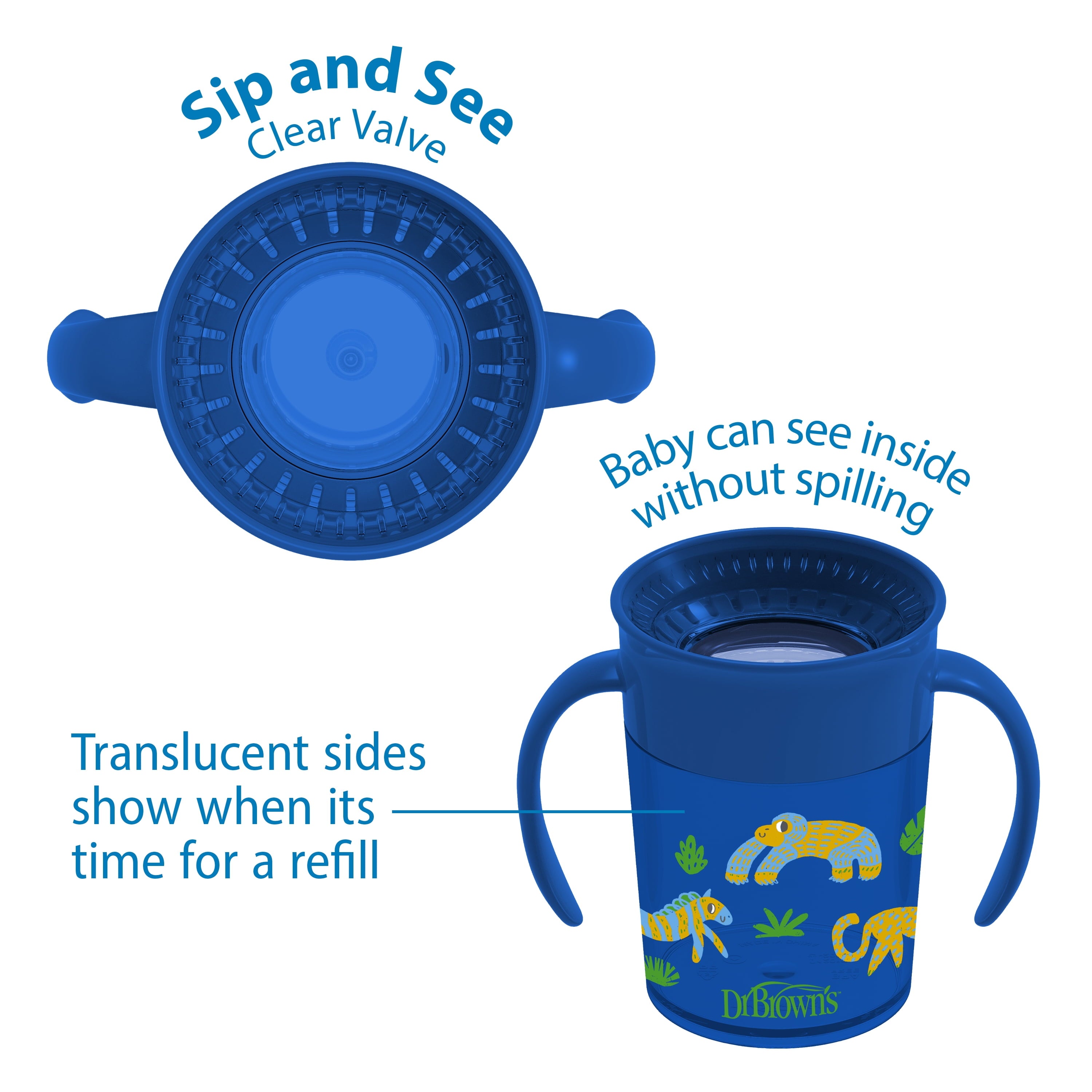 Dr. Brown's Milestones Cheers 360 Cup Spoutless Transition Cup with Handles for Easy Grip and Leak-Free Learning, Blue Safari, 7 oz/200 mL, 6m+