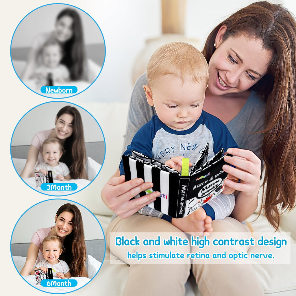 Dr.Rapeti Soft Cloth Books Baby Books Bath Books 6-Pack for Baby Infant Toddler Kids High Contrast Black and White Crinkle Washable Giftable