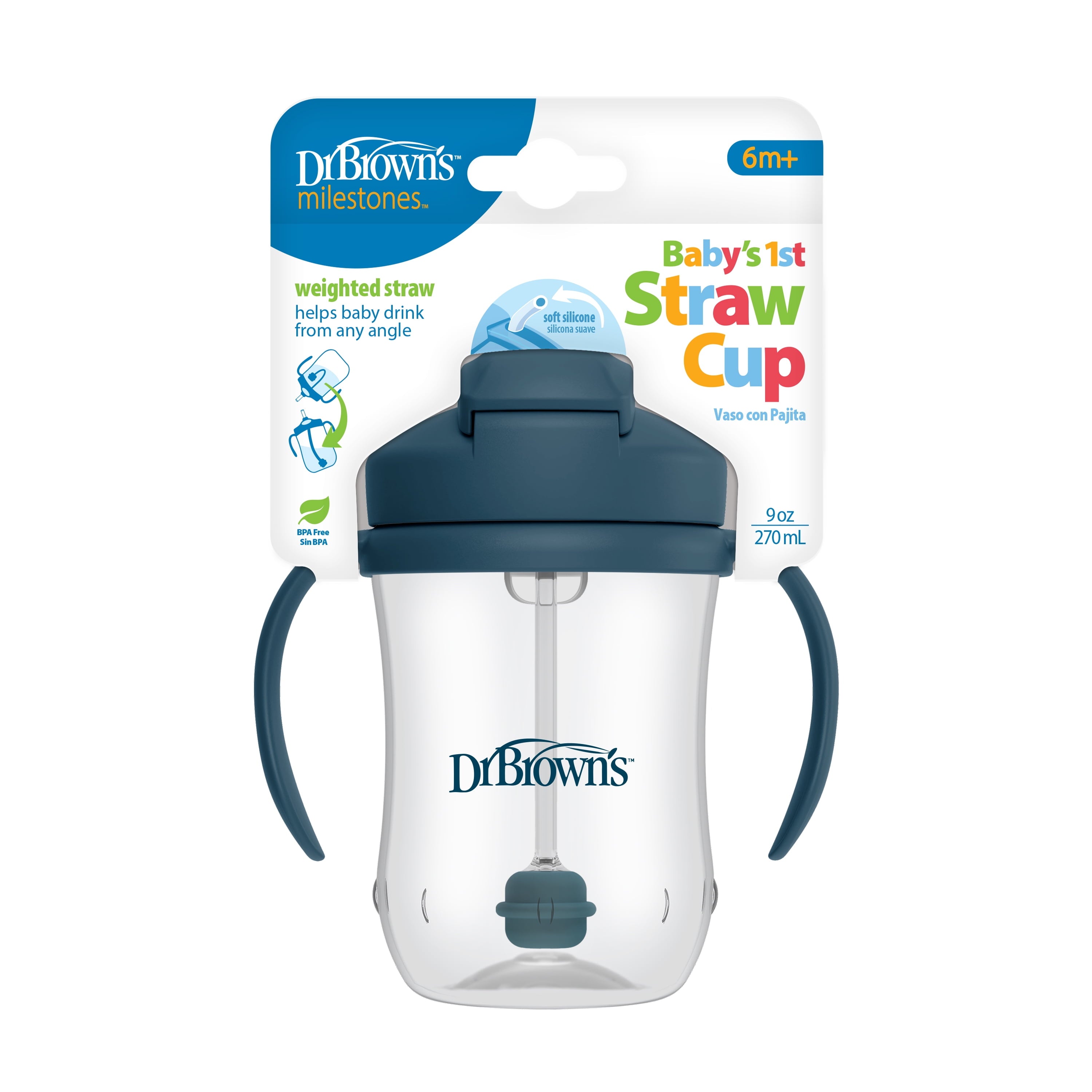 (3 pack) Dr. Brown's Milestones Baby's First Straw Cup, Training Cup with Weighted Straw, 9oz/270ml, Dark Blue, 6m+