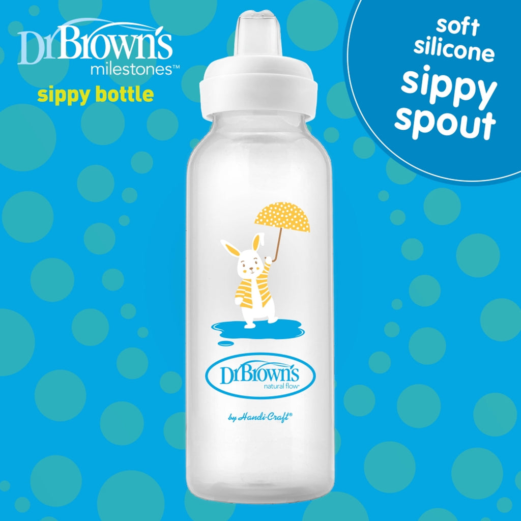 Dr. Brown's Milestones Narrow Sippy Bottle, 100% Silicone Soft Sippy Spout, 8oz 6m+, Bunny, 1-Pack