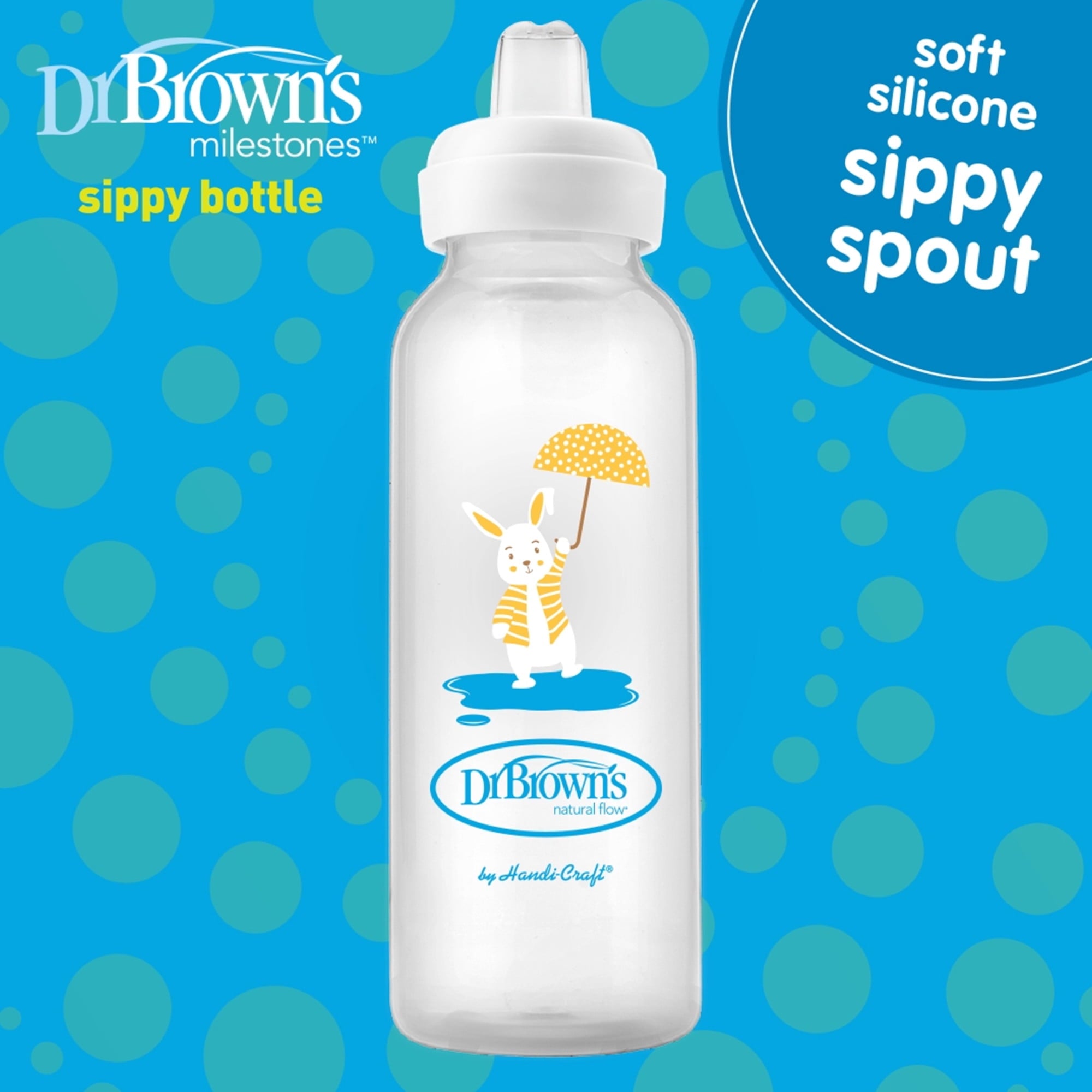 Dr. Brown's Milestones Narrow Sippy Bottle, 100% Silicone Spout, 8oz, Flamingo/Bunny, 6m+, 2 Pack