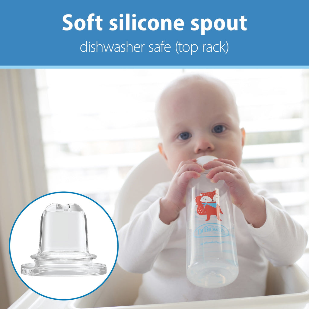 Dr. Brown's Milestones Narrow Sippy Bottle, 100% Silicone Spout, 8oz/250ml, 6m+, BPA Free, Fox/Lion, 2 Pack