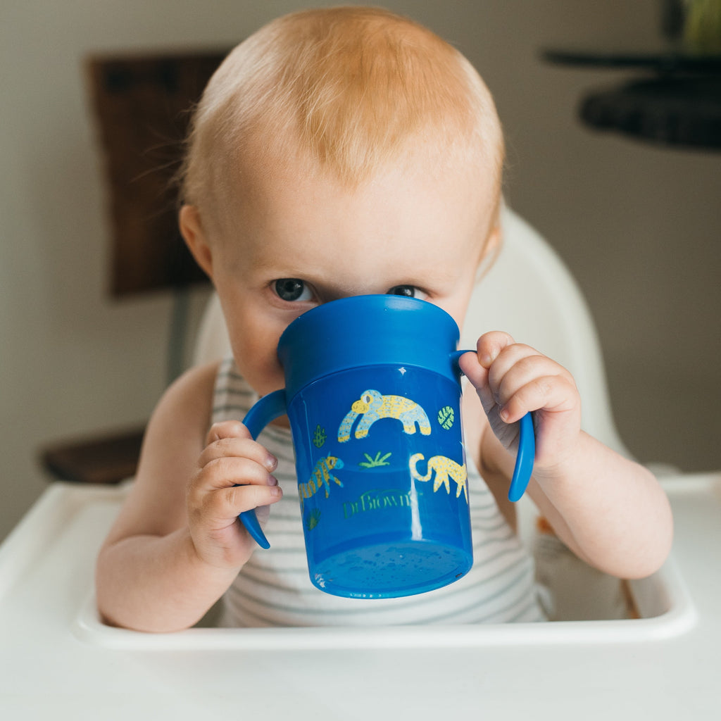 Dr. Brown's Milestones Cheers 360 Cup Spoutless Transition Cup with Handles for Easy Grip and Leak-Free Learning, Blue Safari, 7 oz/200 mL, 6m+