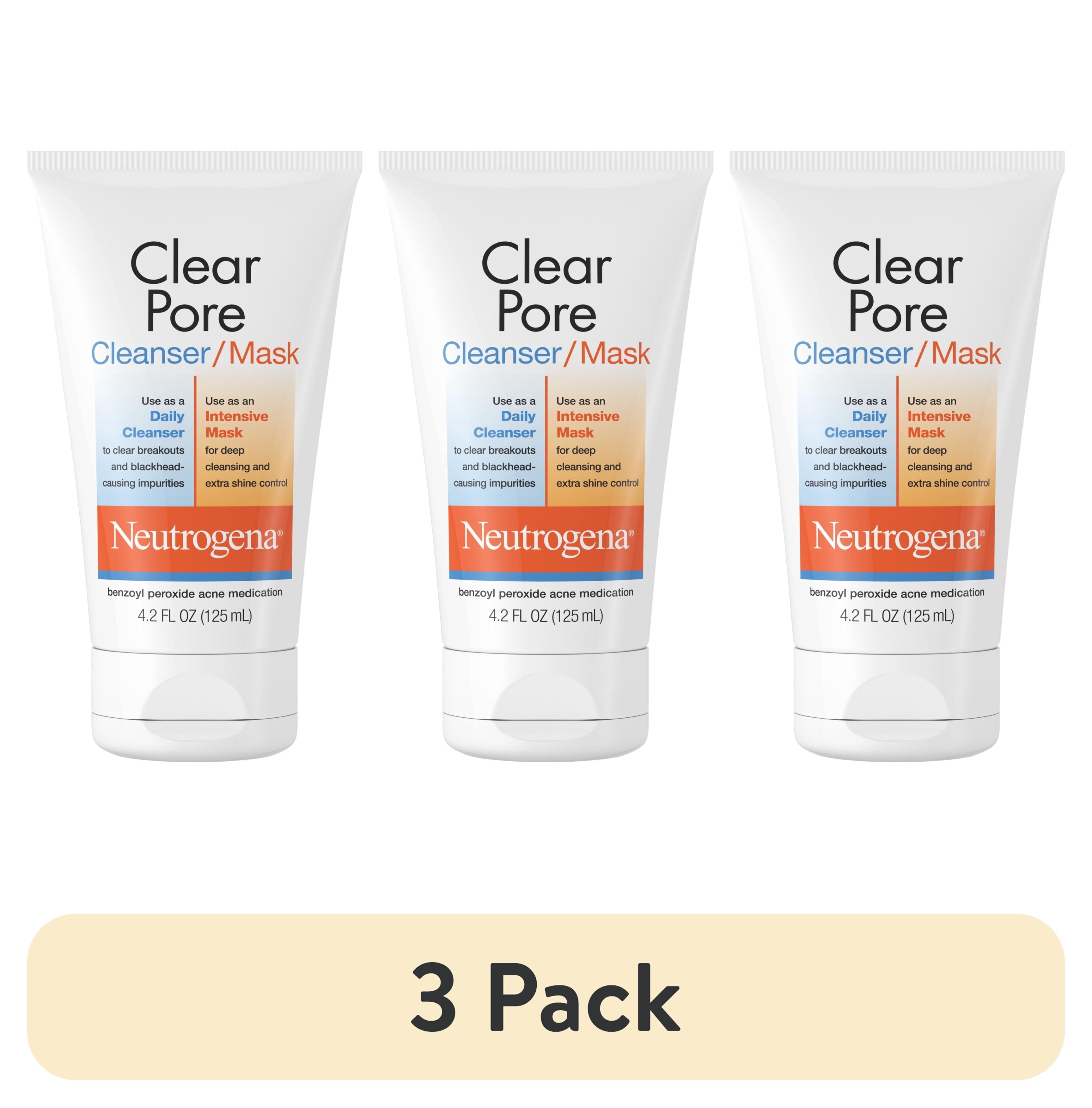 (3 pack) Neutrogena Clear Pore 3.5% Benzoyl Peroxide Face Wash & Acne Treatment Mask, 4.2 fl oz