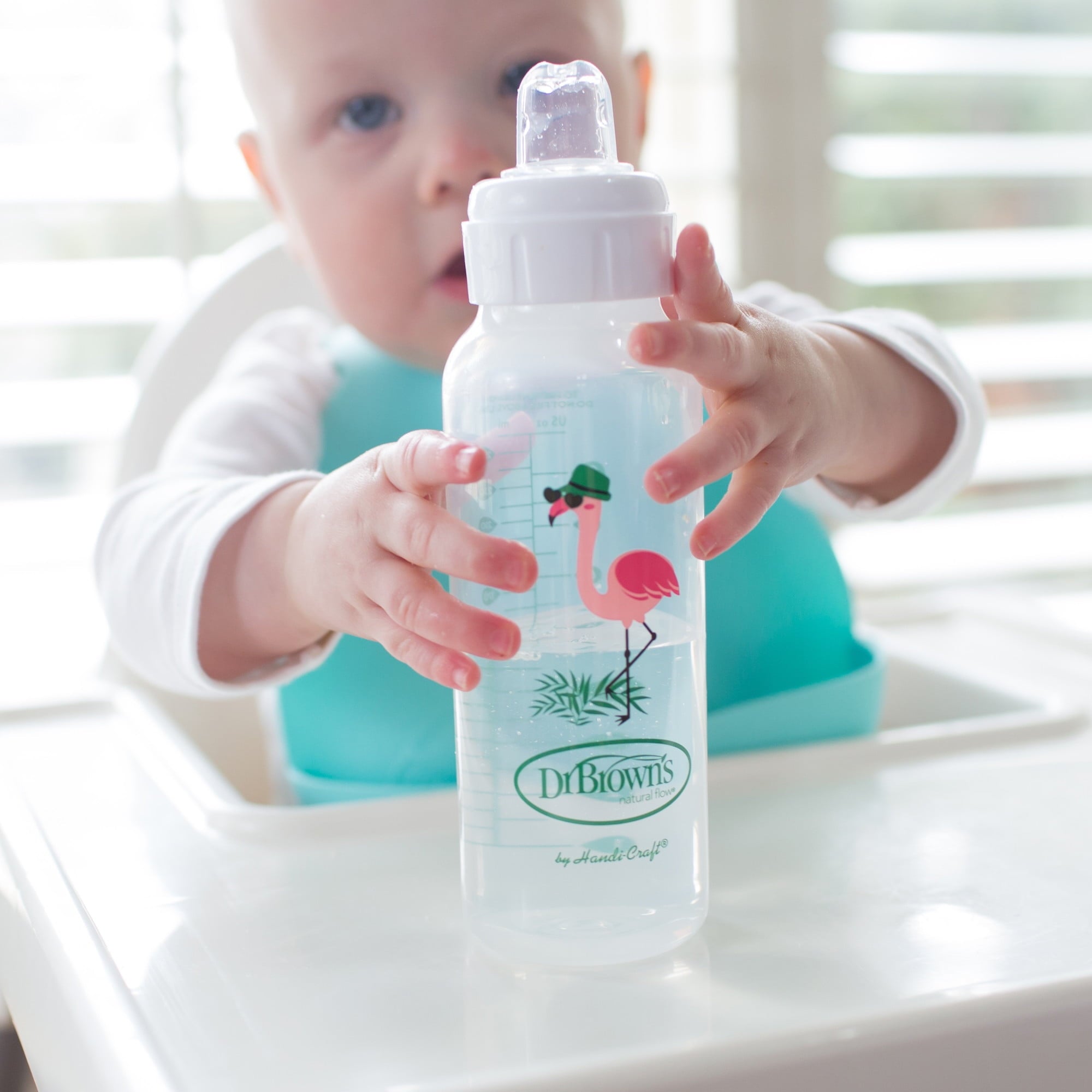 Dr. Brown's Milestones Narrow Sippy Bottle, 100% Silicone Spout, 8oz, Flamingo/Bunny, 6m+, 2 Pack