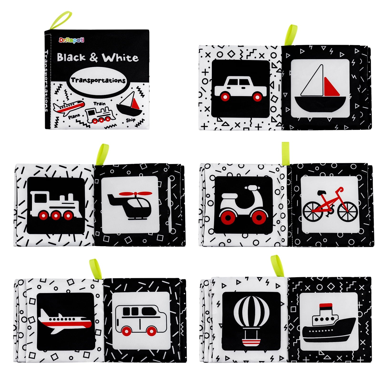 Dr.Rapeti Soft Cloth Books Baby Books Bath Books 6-Pack for Baby Infant Toddler Kids High Contrast Black and White Crinkle Washable Giftable