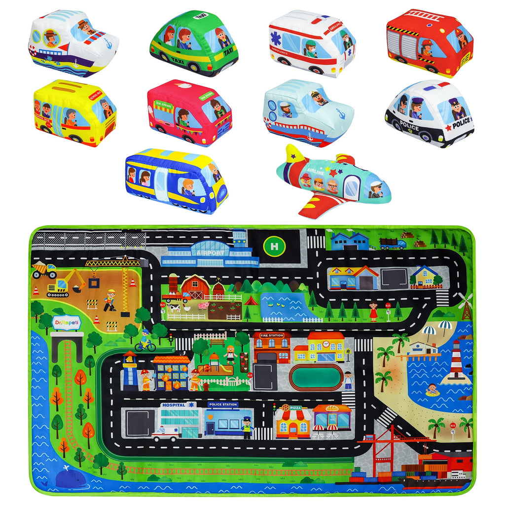 Dr.Rapeti Soft Toy Car Set for Baby Infant Toddler Kid 1 Play Mat 10 Soft Toy Cars 47x30inches Washable Gift