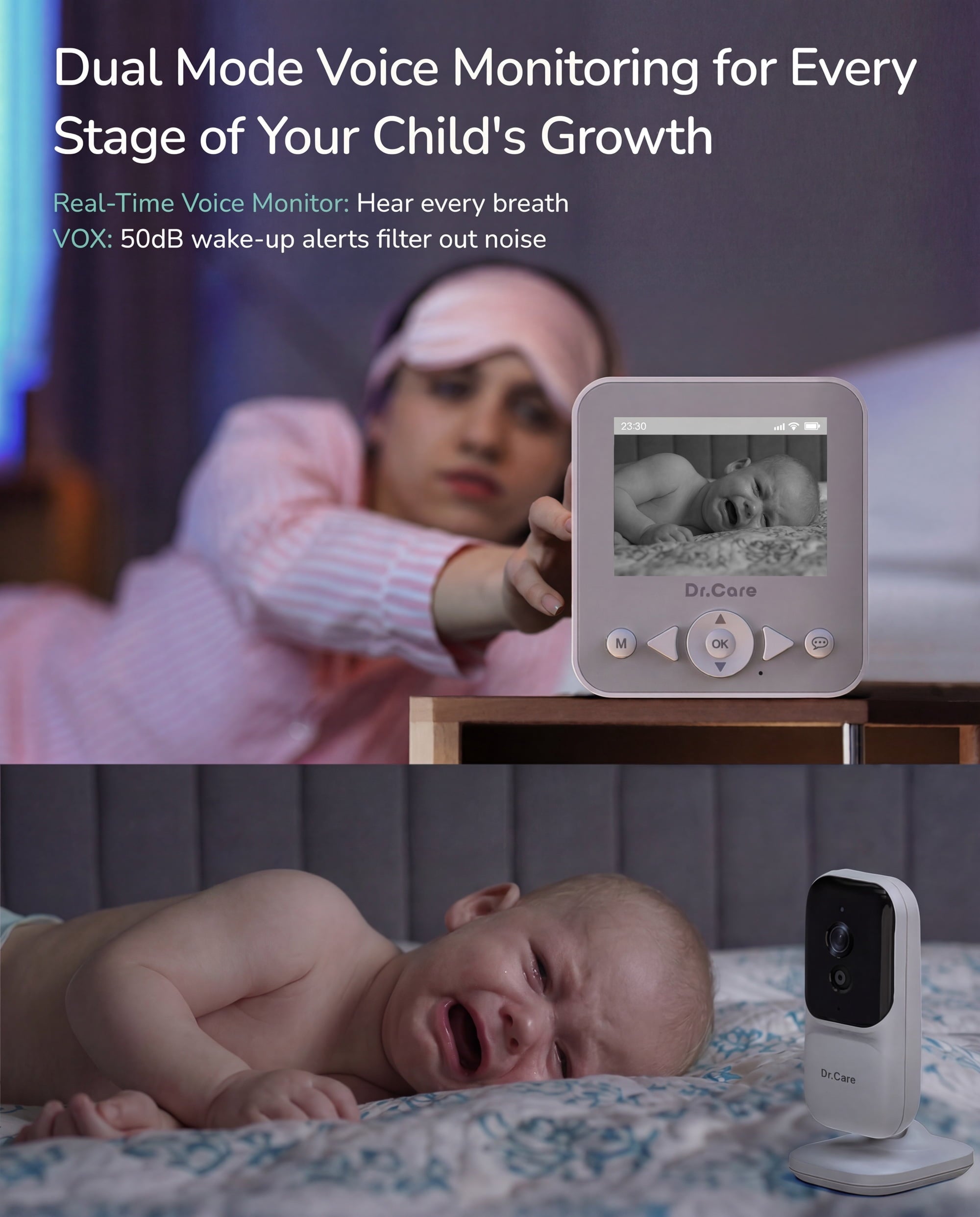 Dr.Care 2.8" HD Video Baby Monitor with 2 Camers, Night Vision, 2-Way Talk, Real Time, VOX , Temperature
