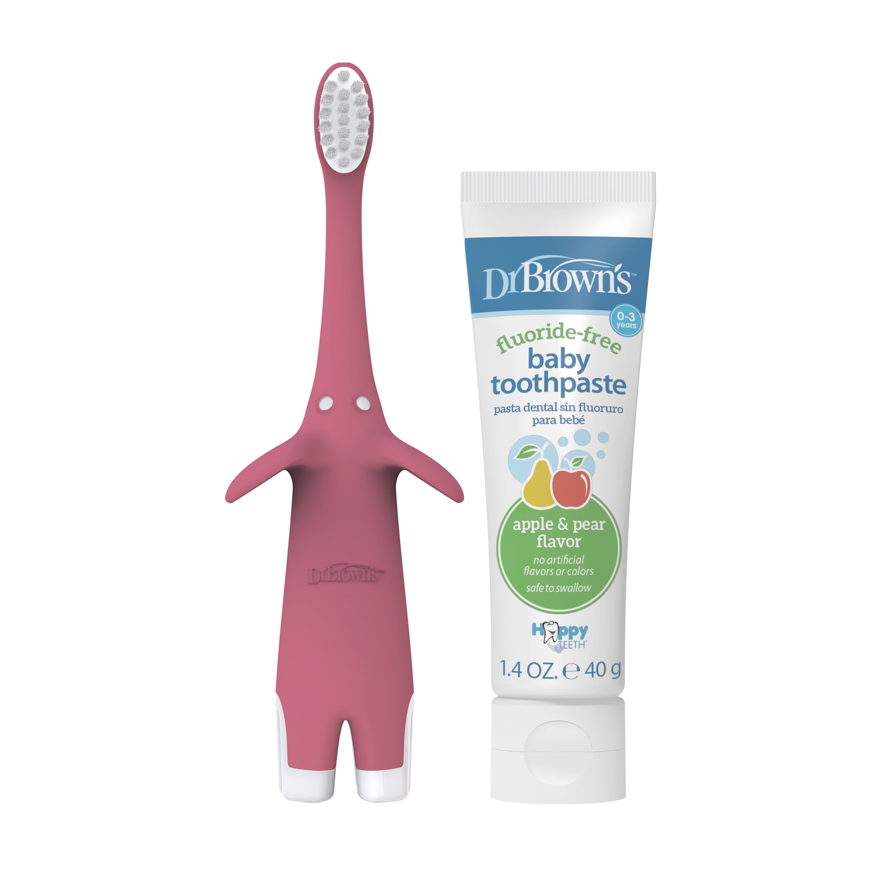 Dr. Brown's Infant to Toddler Training Toothbrush, Pink Elephant + Apple Pear Baby Toothpaste, 0-3Y