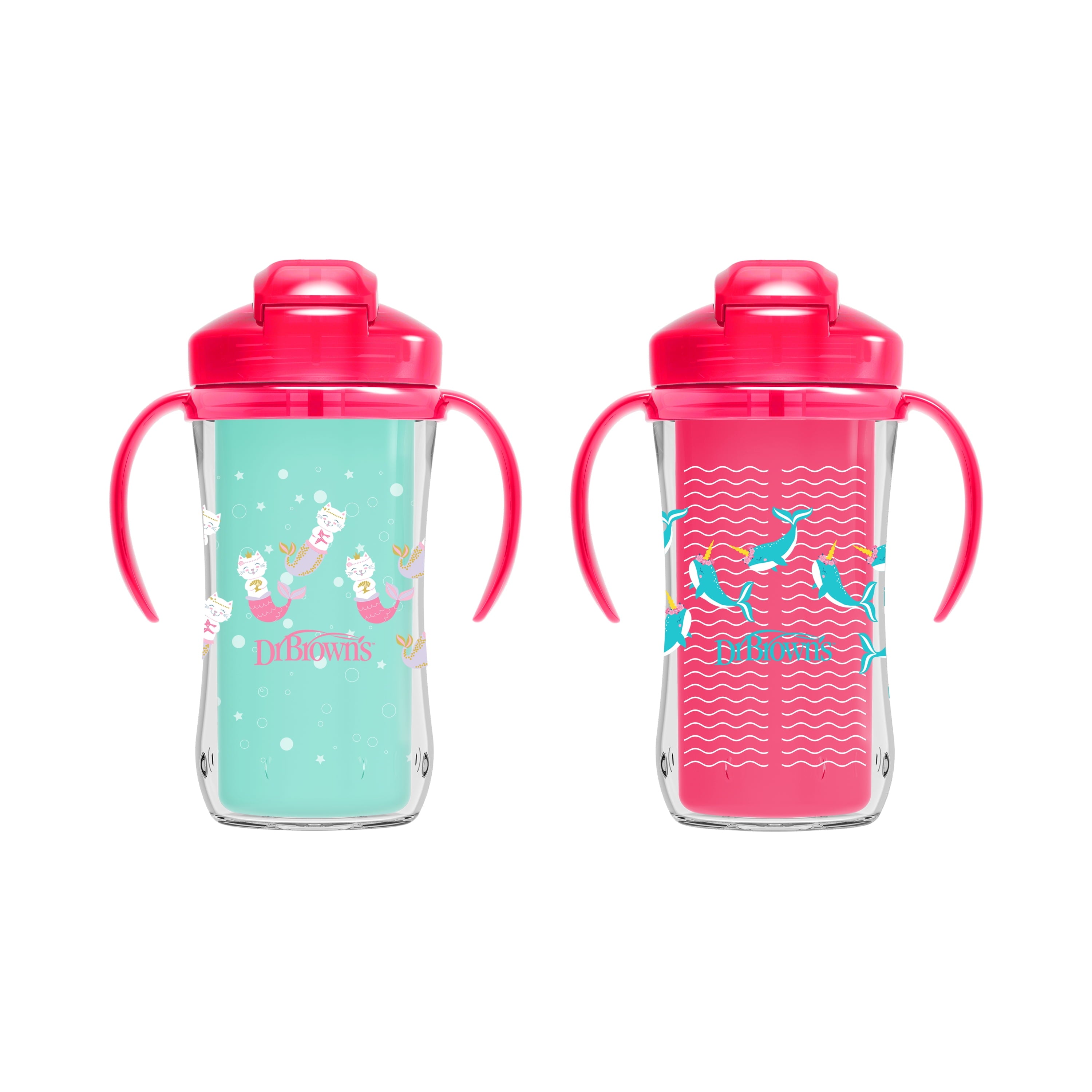 Dr. Brown's Milestones Insulated Sippy Straw Cup with Handles, Pink/Green, 10 oz, 12m+, 2 Pack