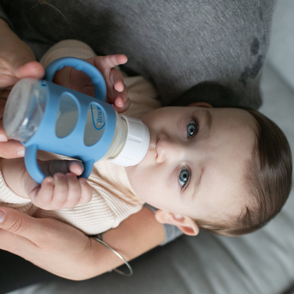 Dr. Brown's Milestones 100% Silicone Baby Bottle Handles, Narrow, 4m+, Light Blue/Green/Gray, 3 Pack