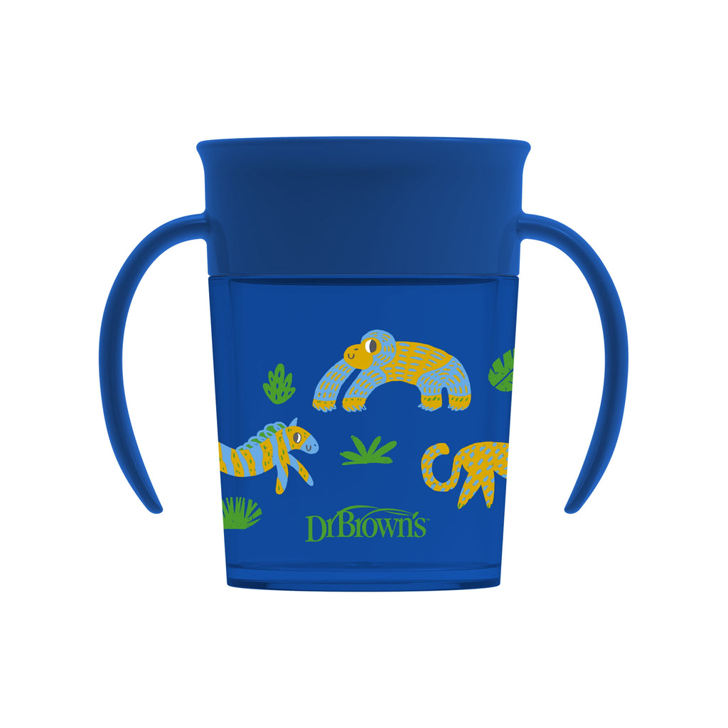 Dr. Brown's Milestones Cheers 360 Cup Spoutless Transition Cup with Handles for Easy Grip and Leak-Free Learning, Blue Safari, 7 oz/200 mL, 6m+