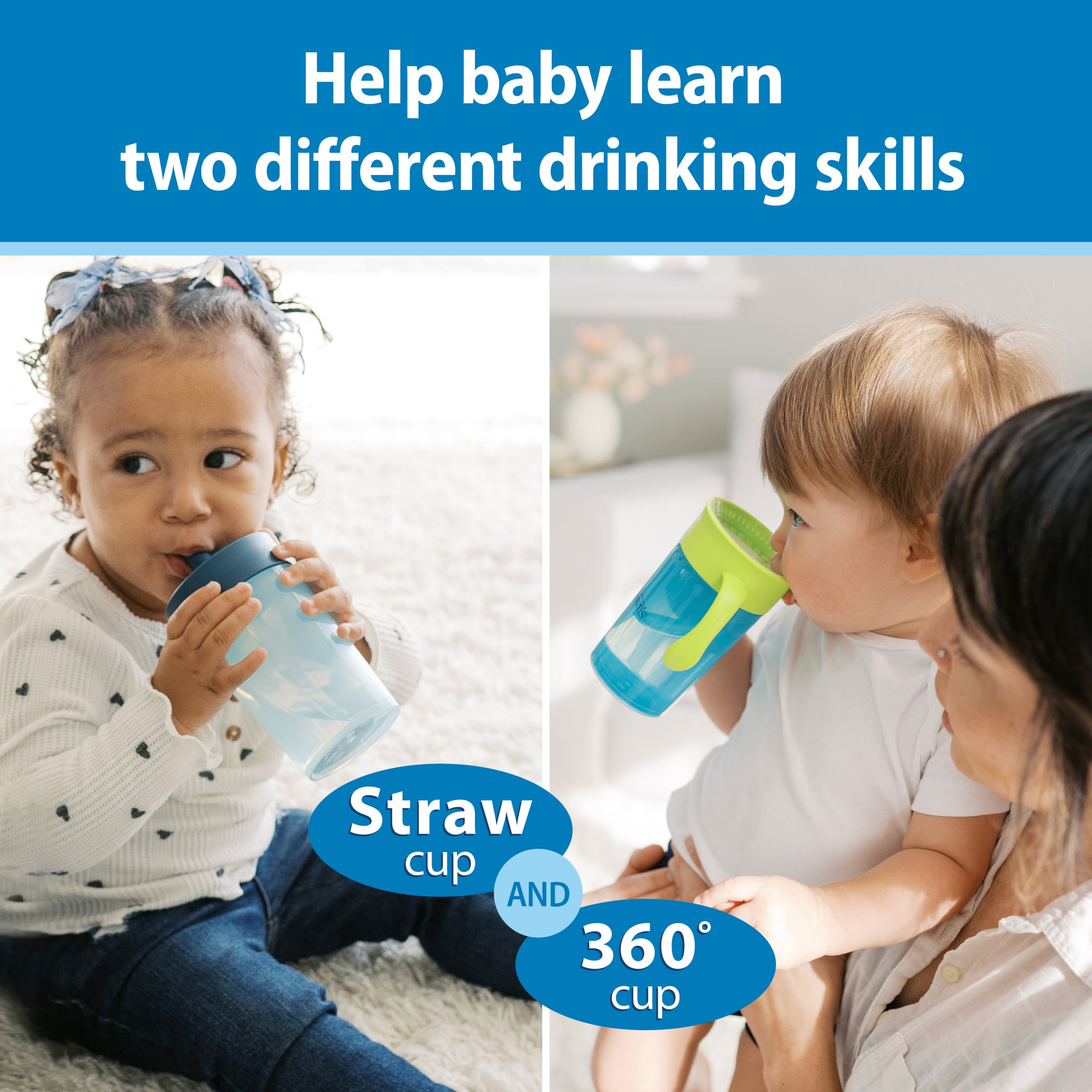 Dr. Brown's Milestones Straw to 360 Convertible Training Cups, Blue Green, 2-Pack