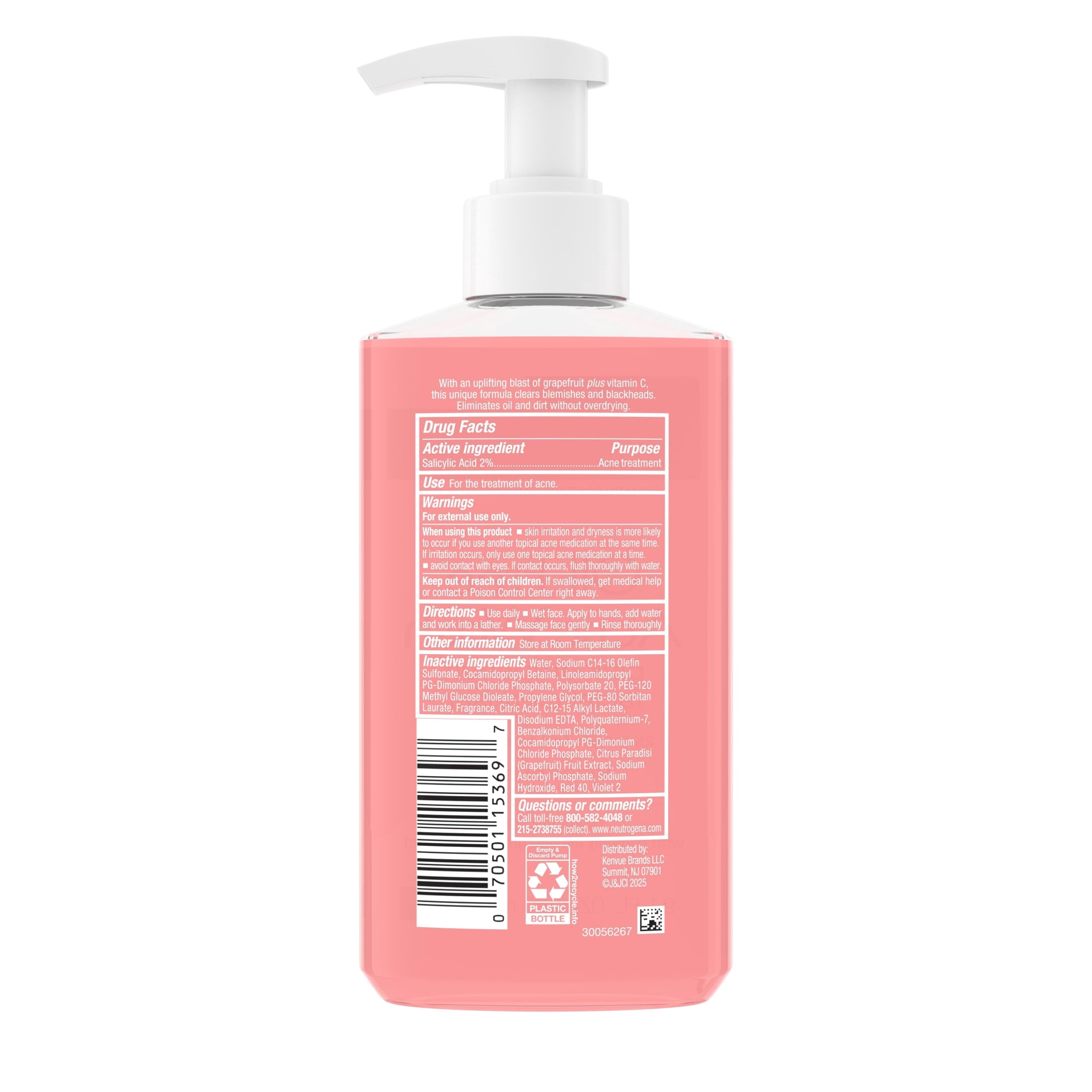 (2 pack) Neutrogena Oil-Free Pink Grapefruit Acne Face Wash, Salicylic Acid Facial Cleanser, 9.1 fl oz