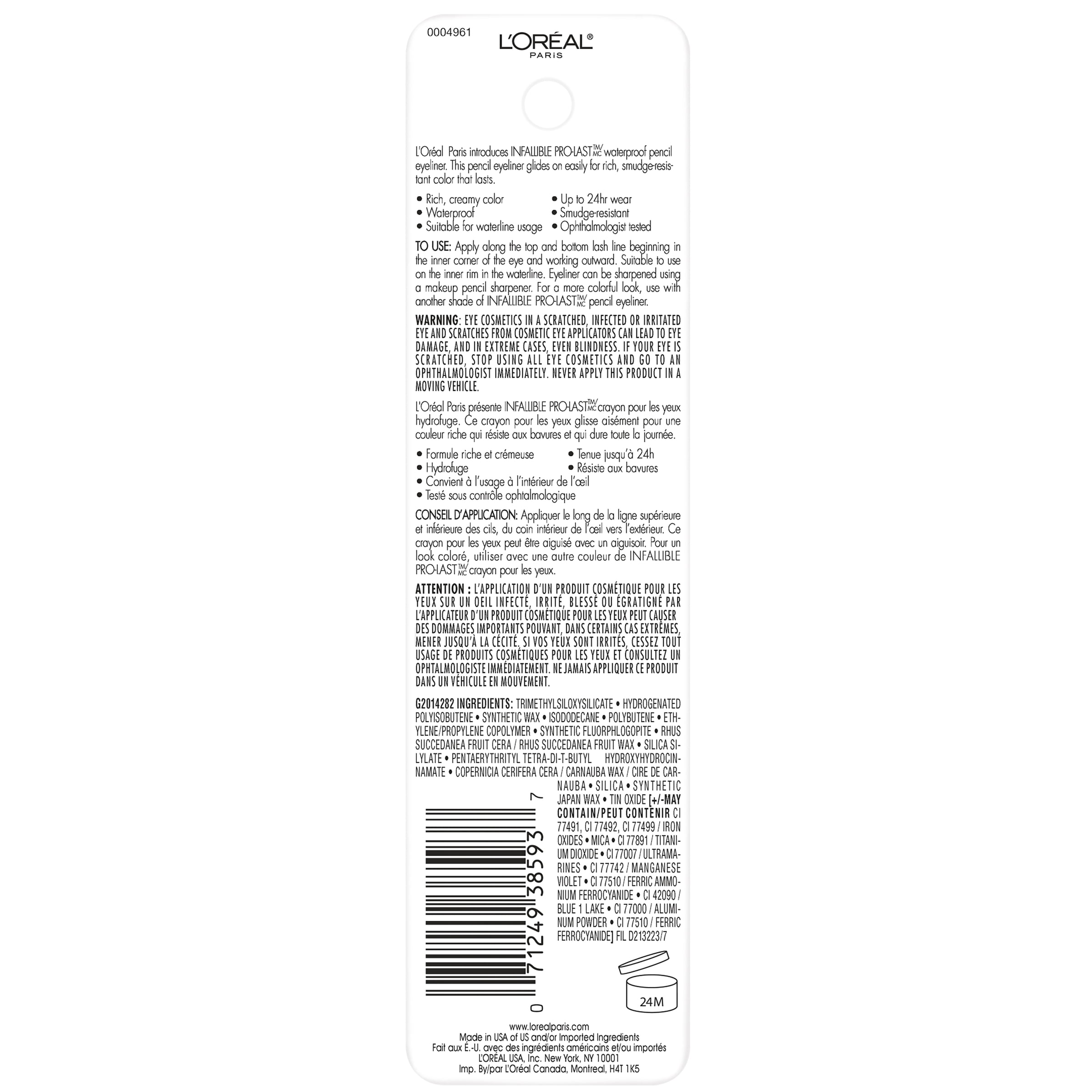 L'Oreal Paris Infallible Pro-Last Waterproof, Up to 24HR Pencil Eyeliner, Aubergine, 0.042 oz.