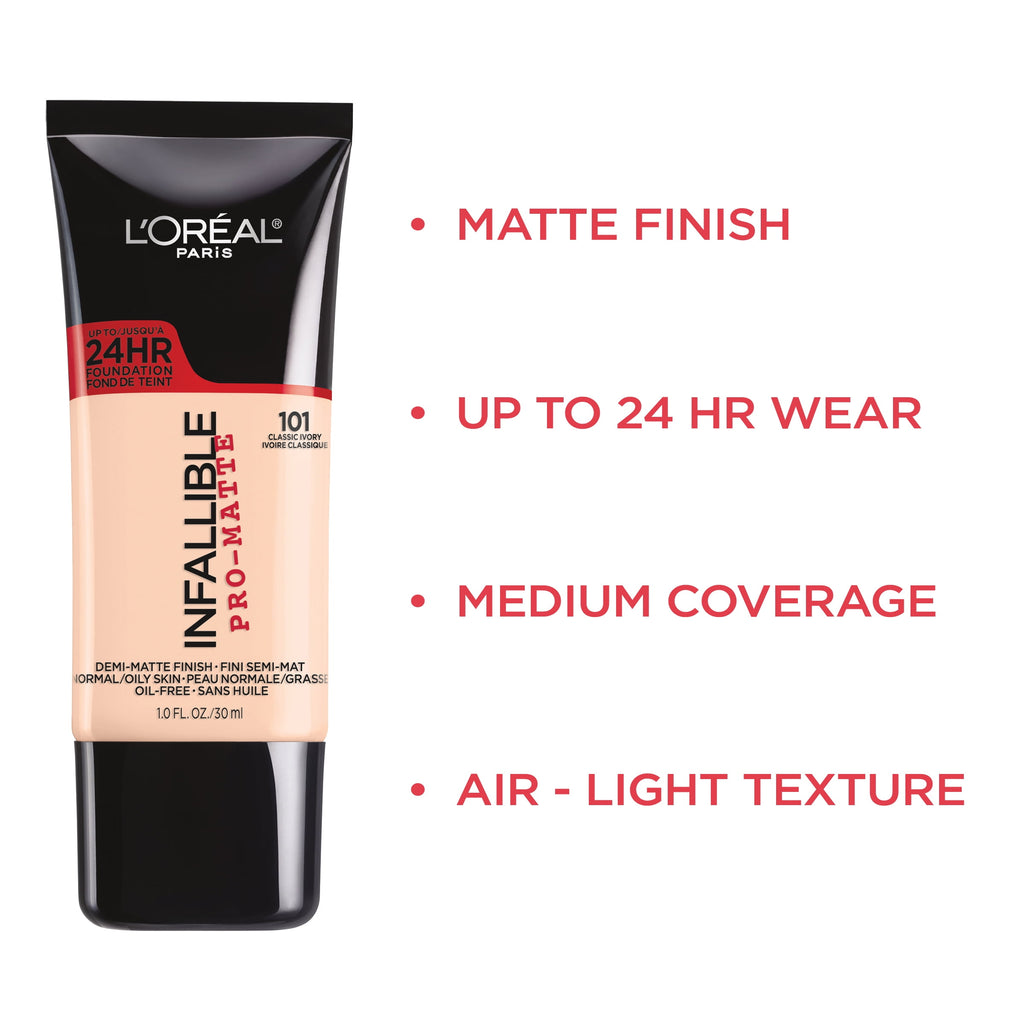 L'Oreal Paris Infallible Pro Matte Liquid Foundation Makeup, 101.5 Ivory Buff, 1 fl oz