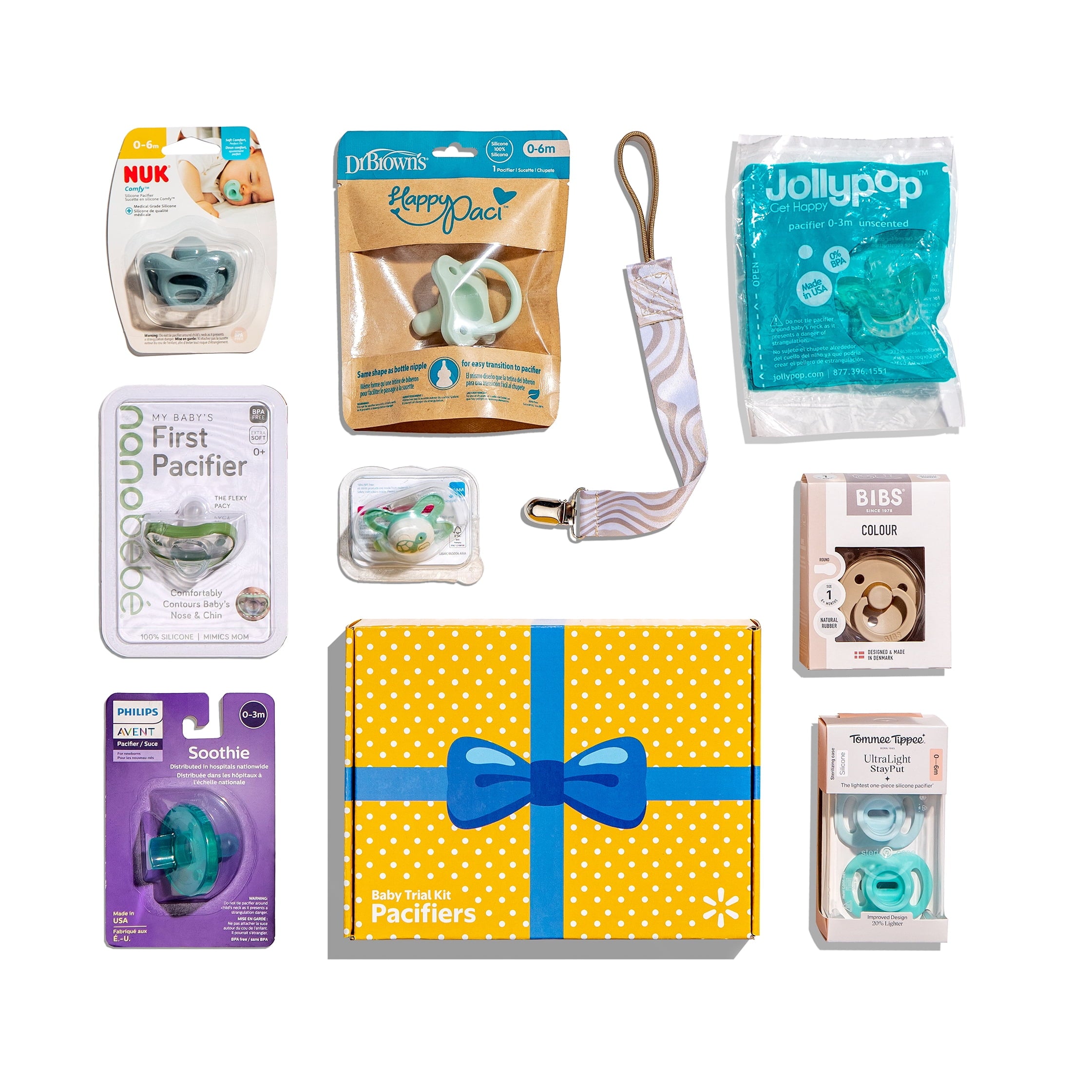 Baby Trial Kit of Pacifiers, Samples from 8 Brands, Various Styles and Colors