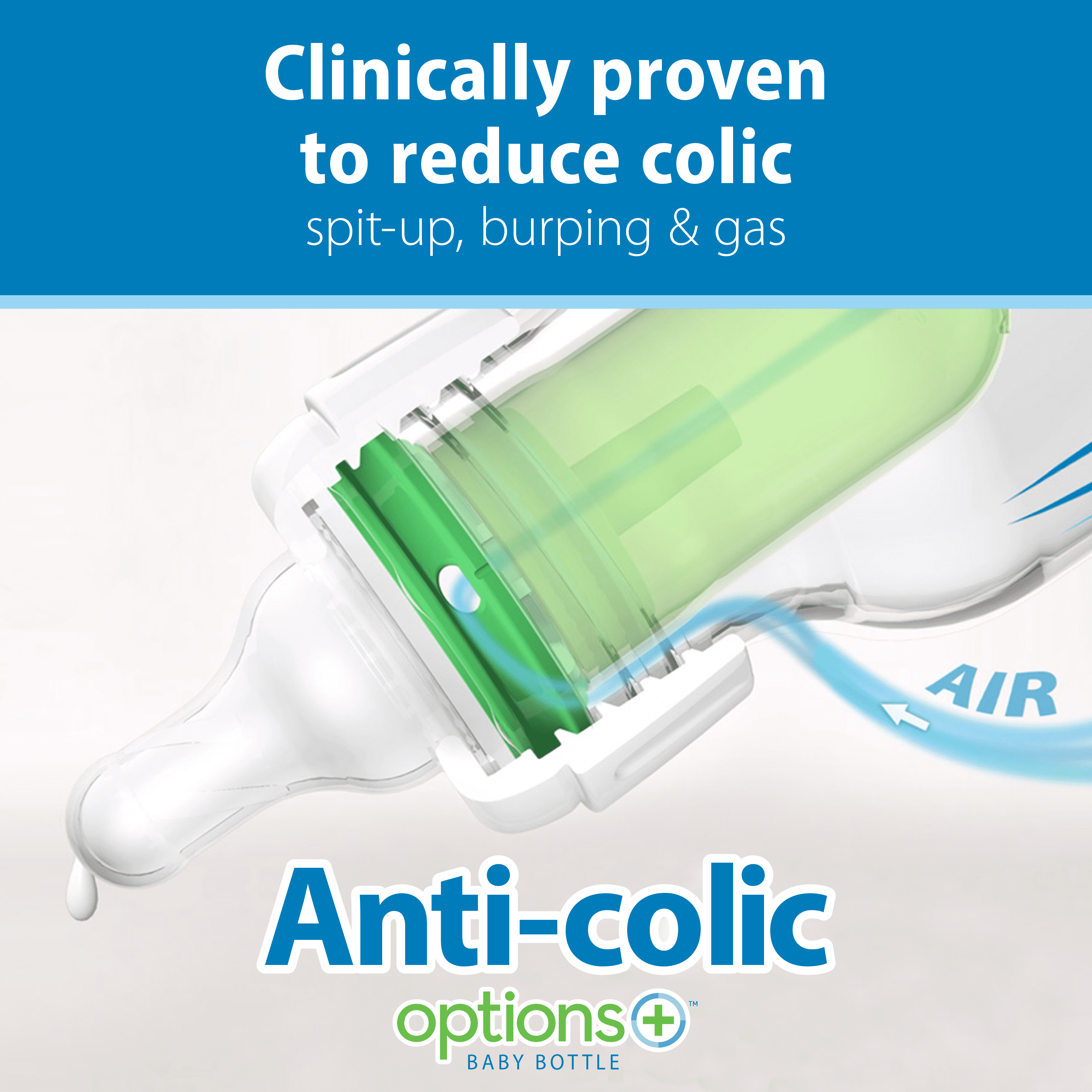 Dr. Brown's Anti-Colic Options+ Narrow Glass Baby Bottle, 8oz/250 ml, Slow Flow Nipple, BPA Free, 0m+, 2 Pack + Mint Silicone Sleeve