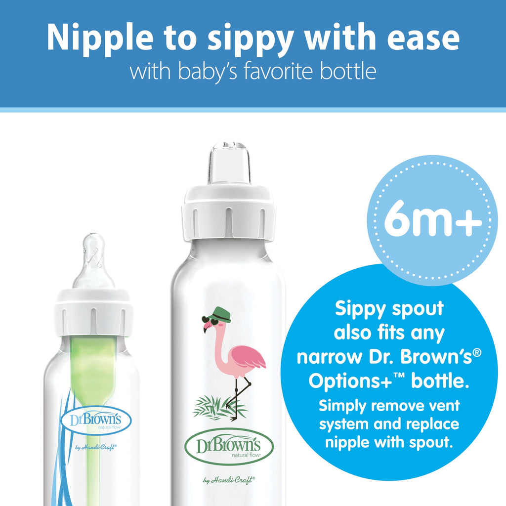 Dr. Brown's Milestones Narrow Sippy Bottle, 100% Silicone Spout, 8oz/250ml, 6m+, BPA Free, Flamingo, 1 Pack