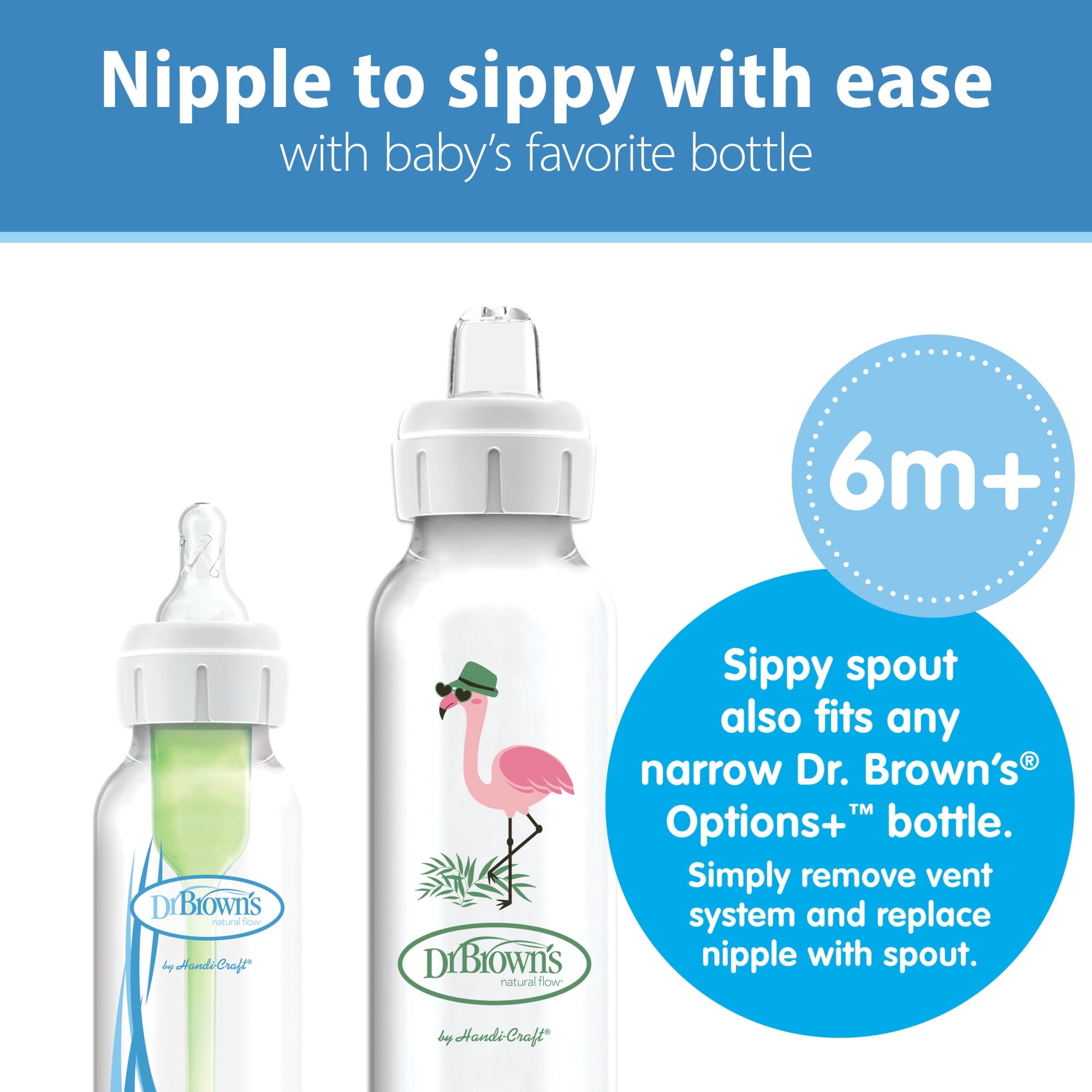 Dr. Brown's Milestones Narrow Sippy Bottle, 100% Silicone Spout, 8oz/250ml, 6m+, BPA Free, Flamingo, 1 Pack