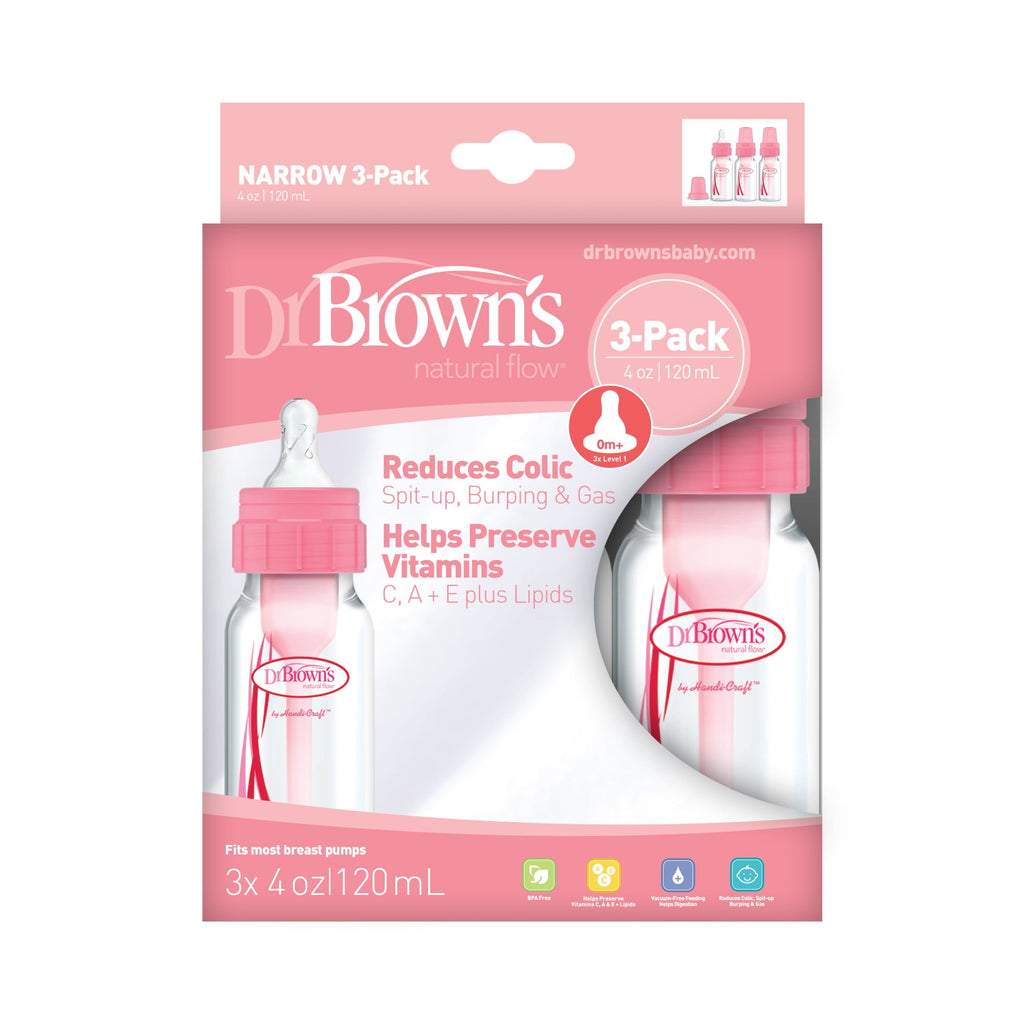 Dr. Brown's Natural Flow Anti-Colic Baby Bottles -Pink - 4oz - 3-Pack