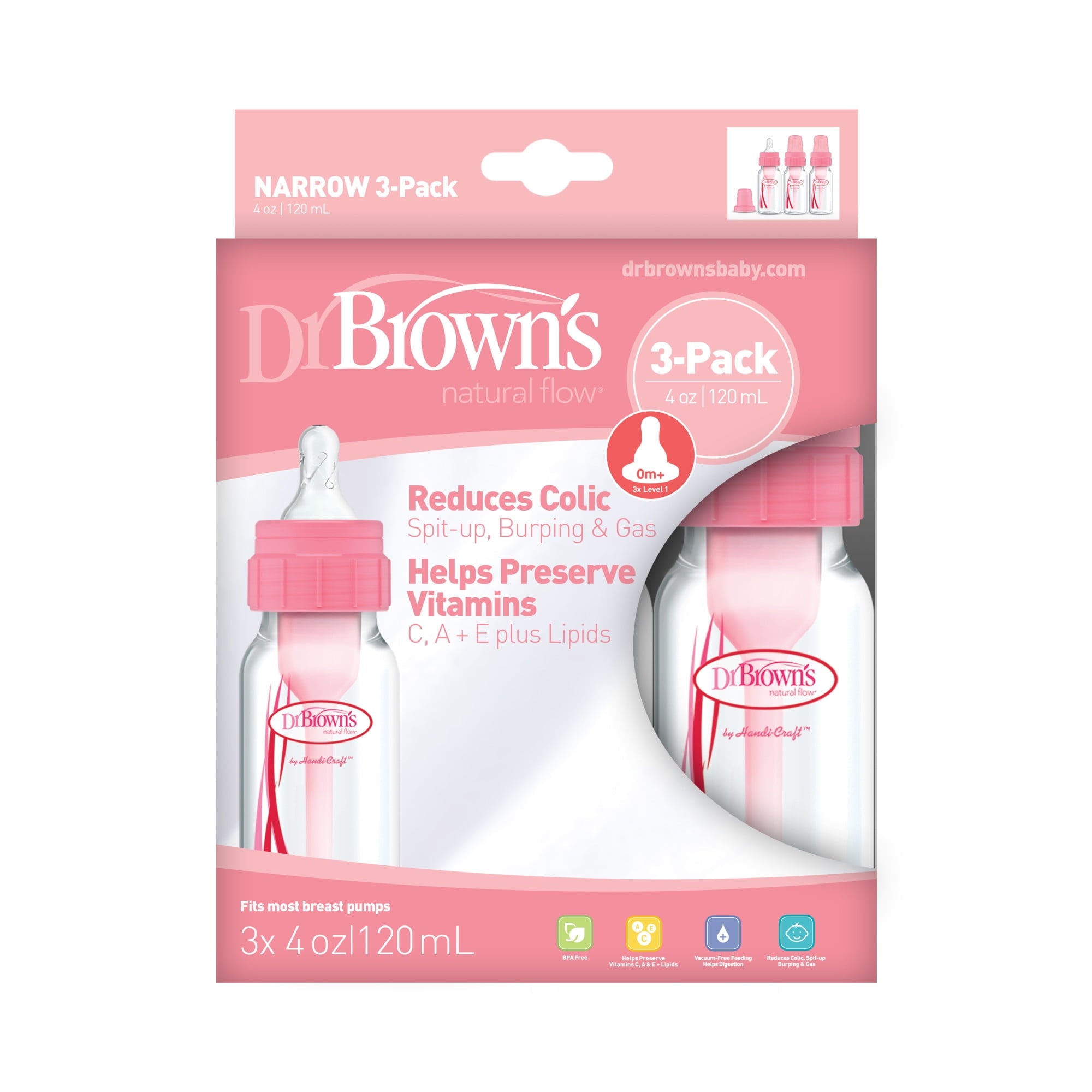 Dr. Brown's Natural Flow Anti-Colic Baby Bottles -Pink - 4oz - 3-Pack