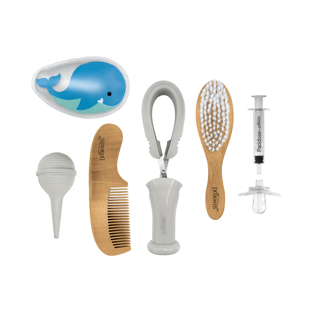 Dr. Brown's Healthy Baby Essentials Kit, Pacidose Medicine Dispenser, Nail Scissors with Case, Nasal Aspirator, Cradle Cap Brush + Comb, Cold Compress