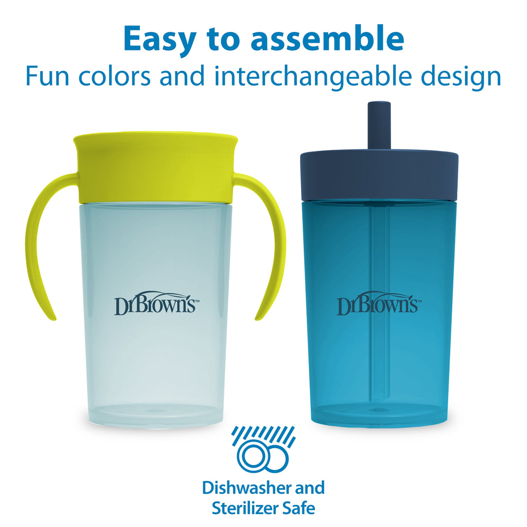 Dr. Brown's Milestones Straw to 360 Convertible Training Cups, Blue Green, 2-Pack