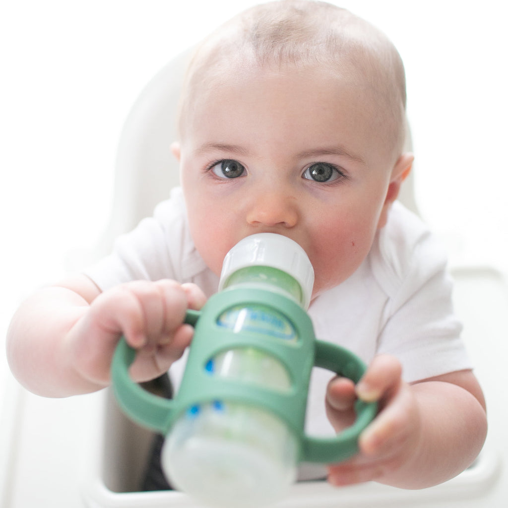 Dr. Brown's Milestones 100% Silicone Baby Bottle Handles, Narrow, 4m+, Light Blue/Green/Gray, 3 Pack