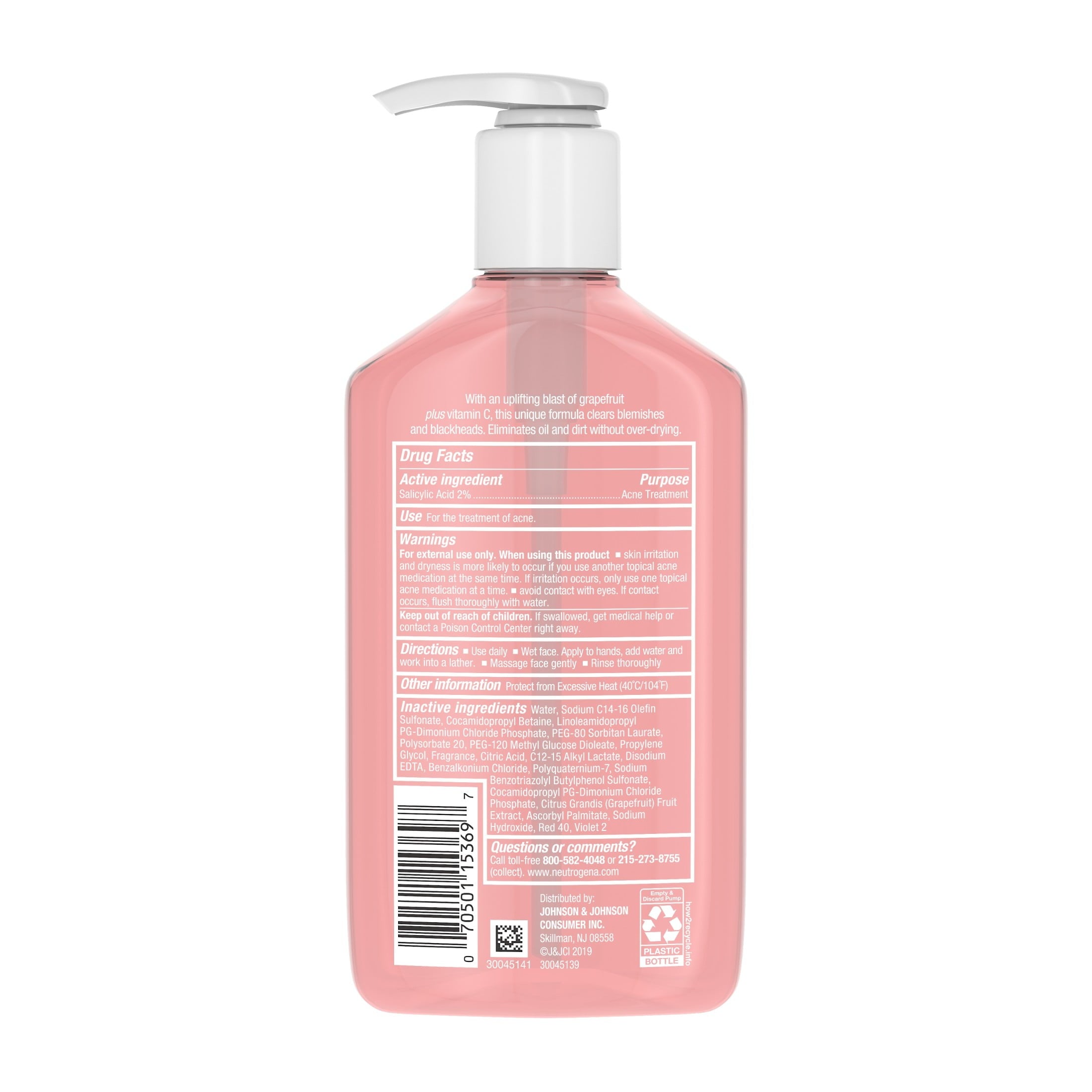 (2 pack) Neutrogena Oil-Free Pink Grapefruit Acne Face Wash, Salicylic Acid Facial Cleanser, 9.1 fl oz