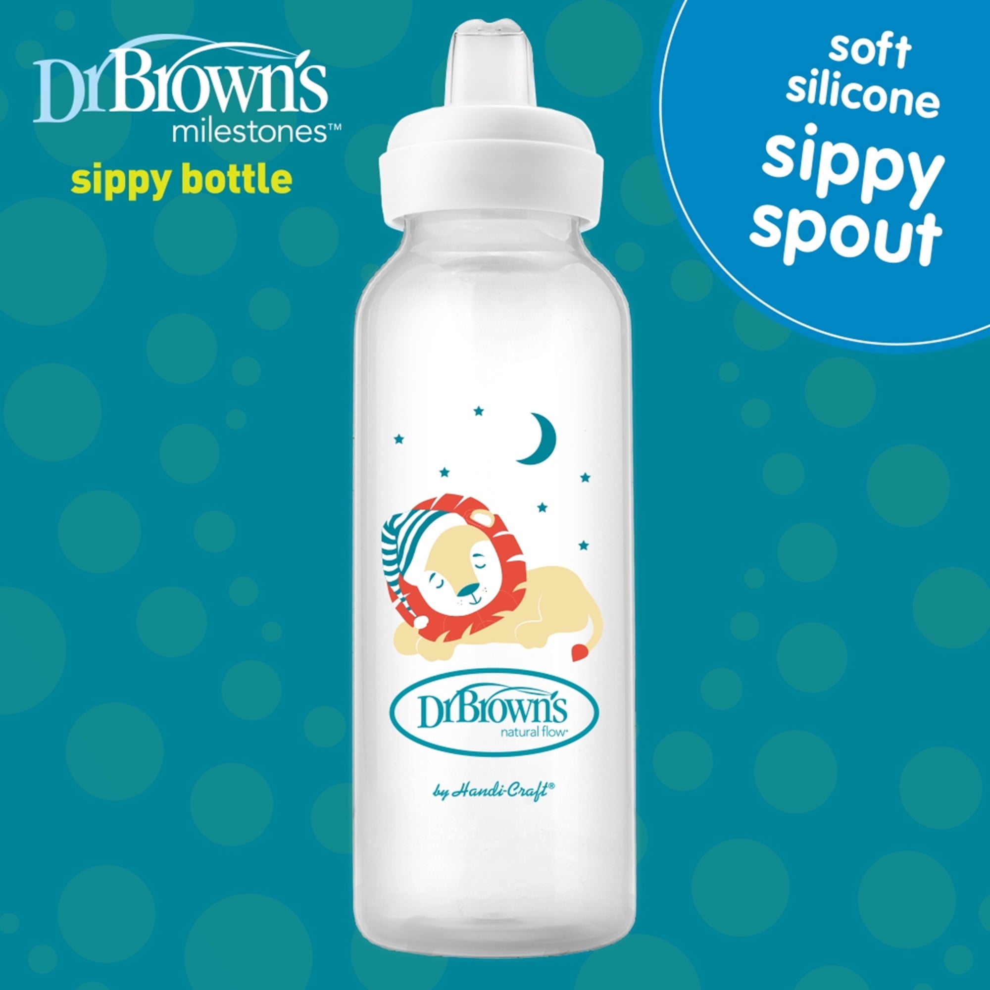 Dr. Brown's Milestones Narrow Sippy Bottle, 100% Silicone Spout, 8oz/250ml, 6m+, BPA Free, Fox/Lion, 2 Pack