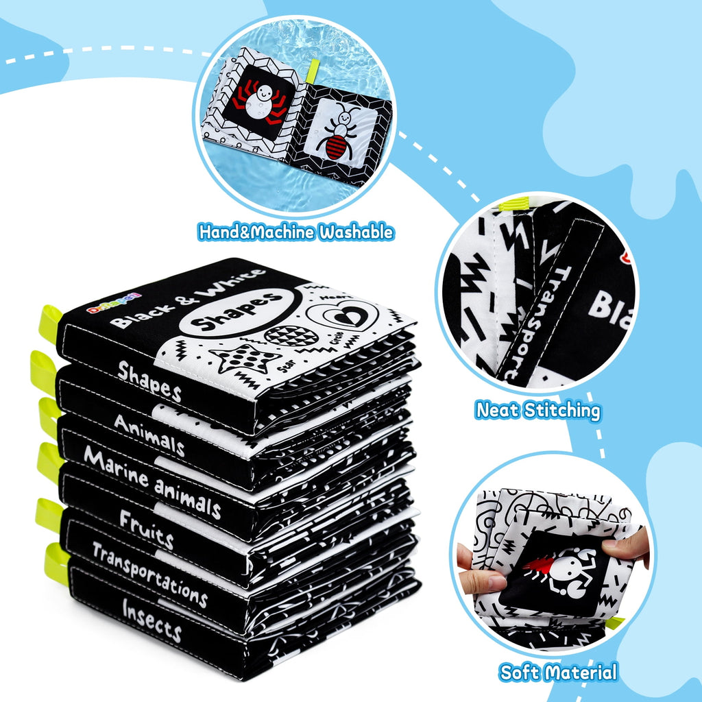 Dr.Rapeti Soft Cloth Books Baby Books Bath Books 6-Pack for Baby Infant Toddler Kids High Contrast Black and White Crinkle Washable Giftable