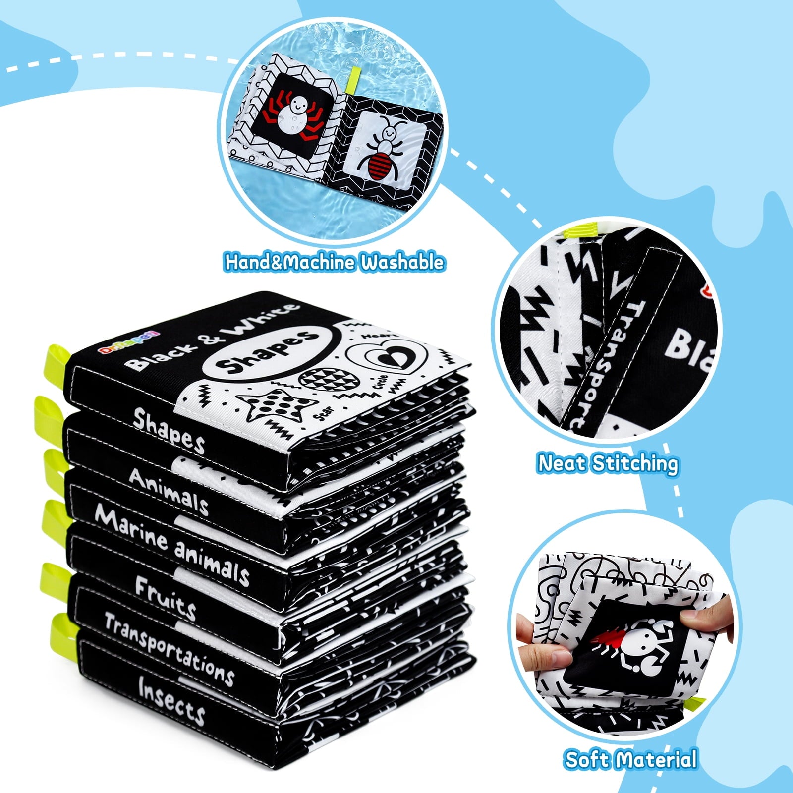 Dr.Rapeti Soft Cloth Books Baby Books Bath Books 6-Pack for Baby Infant Toddler Kids High Contrast Black and White Crinkle Washable Giftable