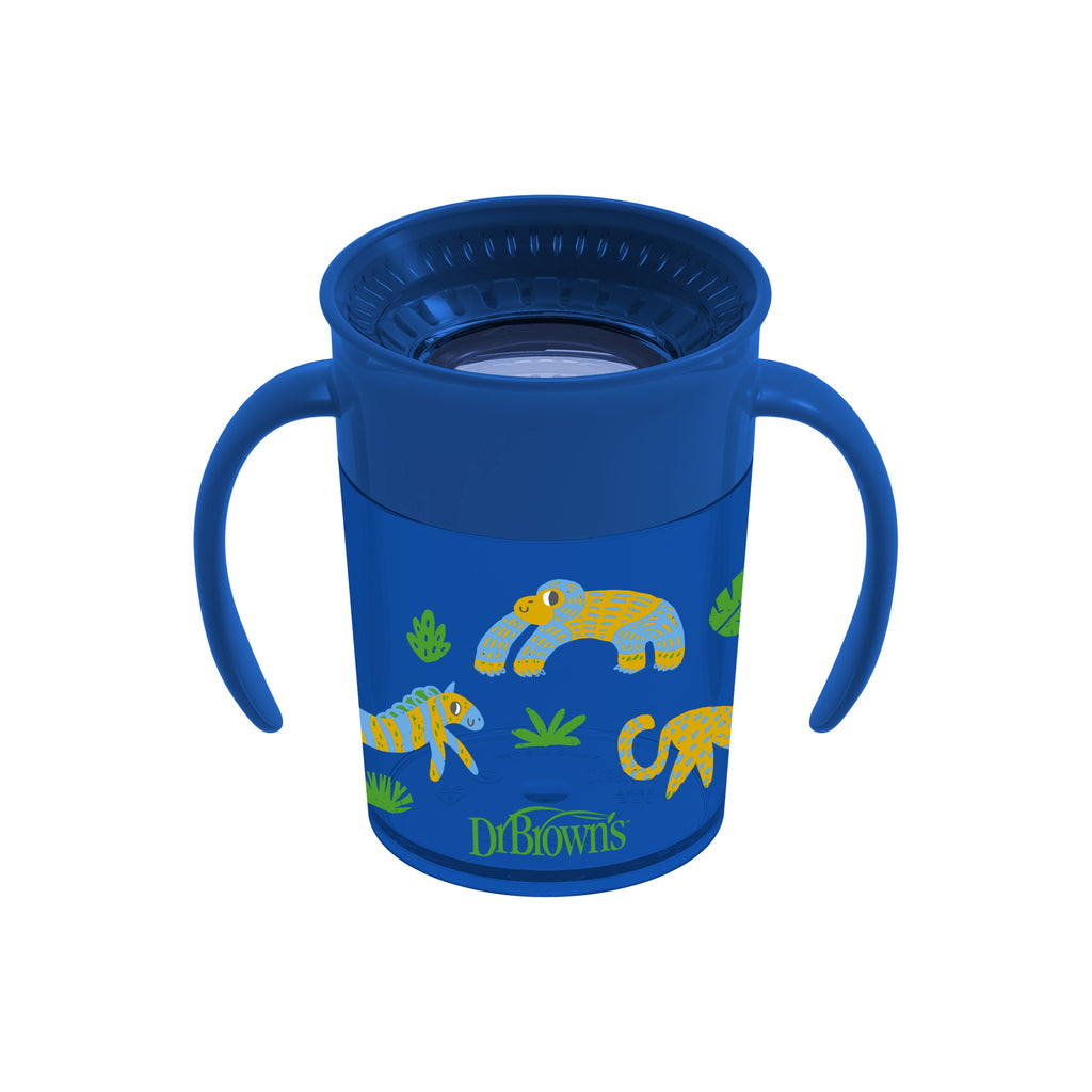 Dr. Brown's Milestones Cheers 360 Cup Spoutless Transition Cup with Handles for Easy Grip and Leak-Free Learning, Blue Safari, 7 oz/200 mL, 6m+