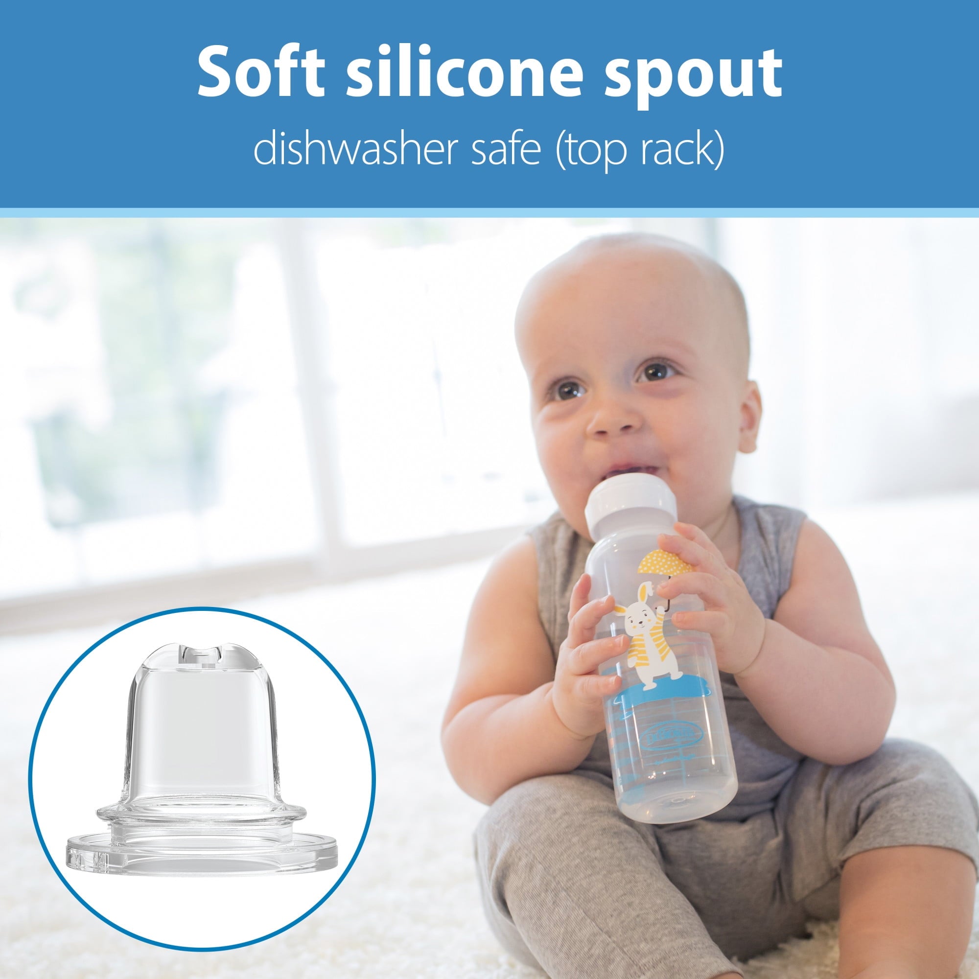 Dr. Brown's Milestones Narrow Sippy Bottle, 100% Silicone Soft Sippy Spout, 8oz 6m+, Bunny, 1-Pack