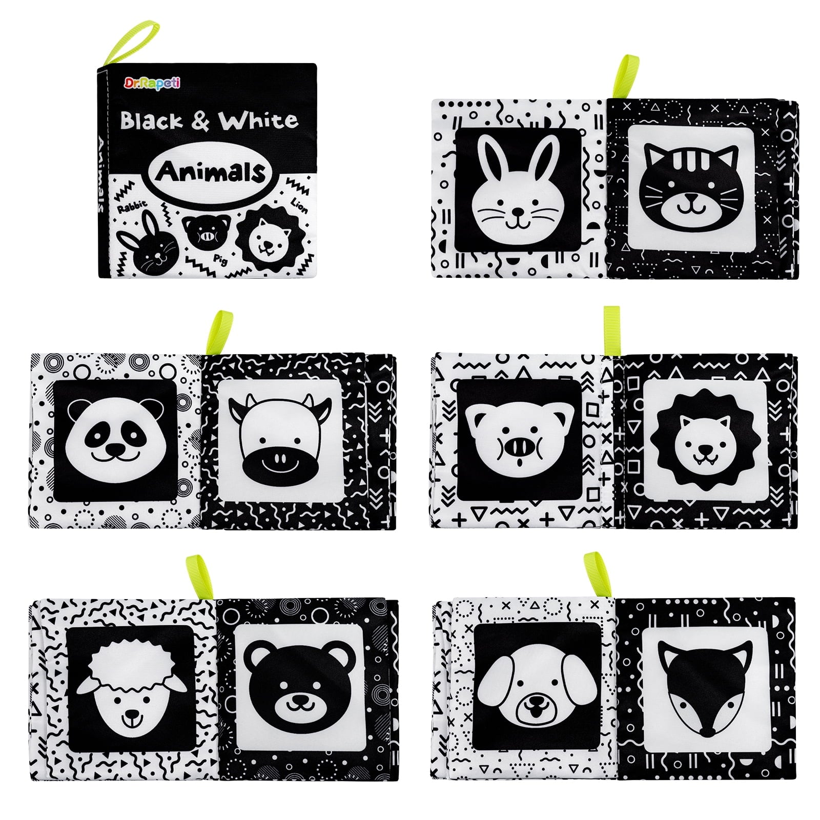 Dr.Rapeti Soft Cloth Books Baby Books Bath Books 6-Pack for Baby Infant Toddler Kids High Contrast Black and White Crinkle Washable Giftable