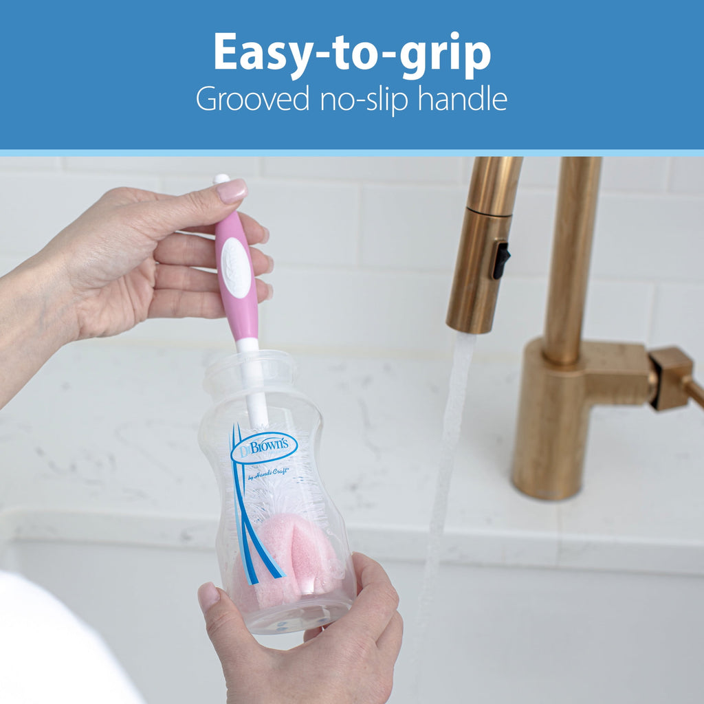 Dr. Brown's Baby Bottle Brush with Suction Cup Stand, Sponge, Scrubber and Nipple Cleaner Pink, 1 Pack