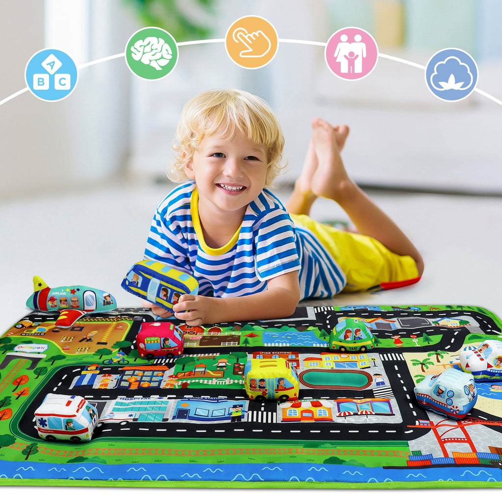 Dr.Rapeti Soft Toy Car Set for Baby Infant Toddler Kid 1 Play Mat 10 Soft Toy Cars 47x30inches Washable Gift
