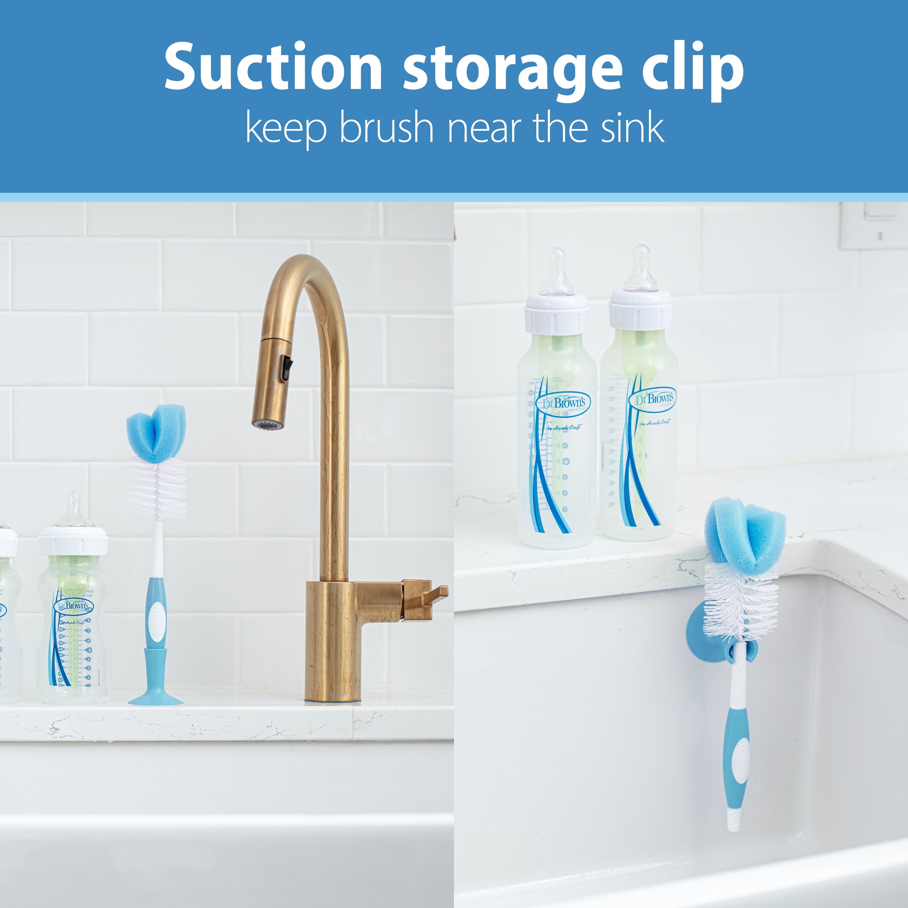 Dr. Brown's Baby Bottle Brush with Suction Cup Stand, Sponge, Scrubber & Nipple Cleaner Blue, 3 Pack