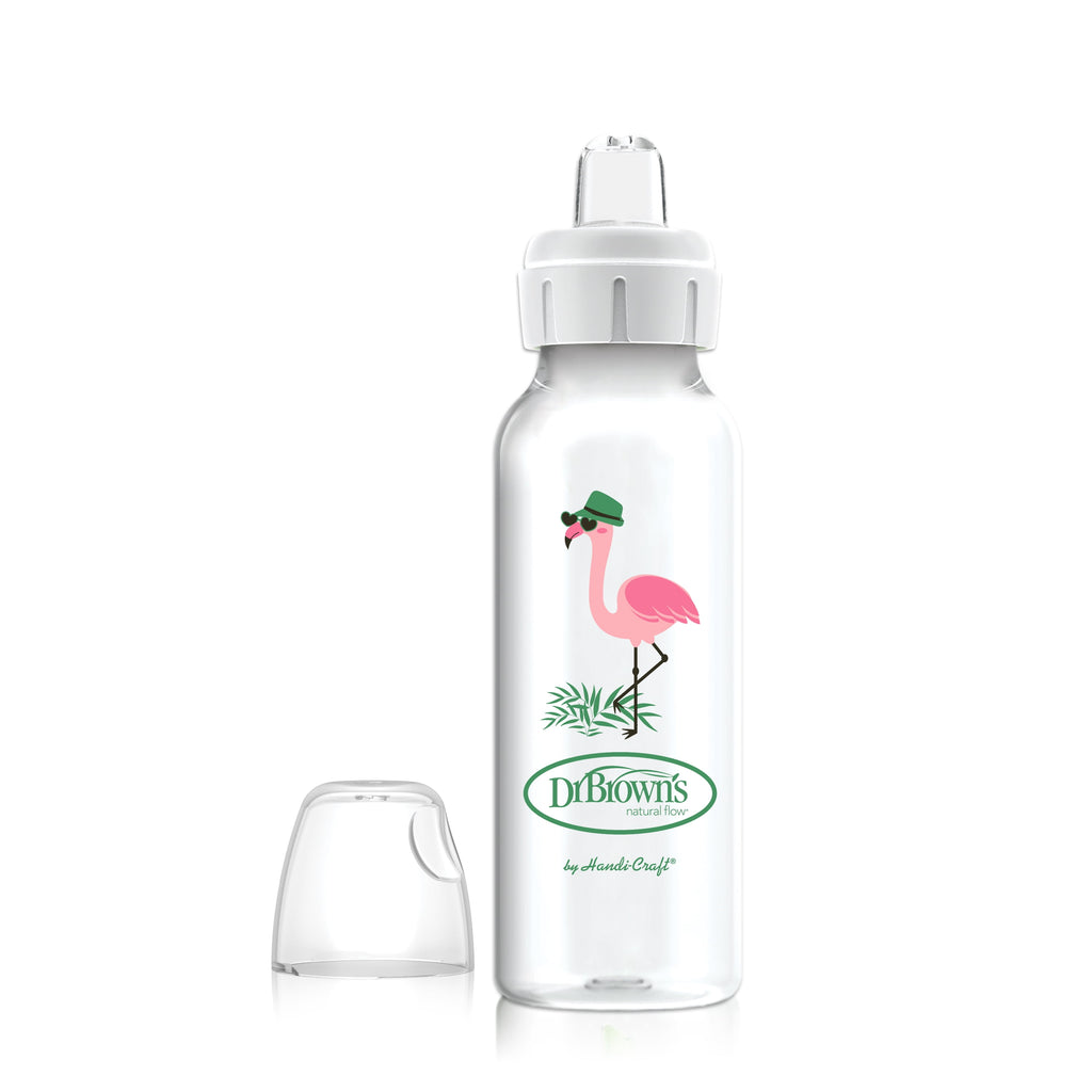 Dr. Brown's Milestones Narrow Sippy Bottle, 100% Silicone Spout, 8oz/250ml, 6m+, BPA Free, Flamingo, 1 Pack