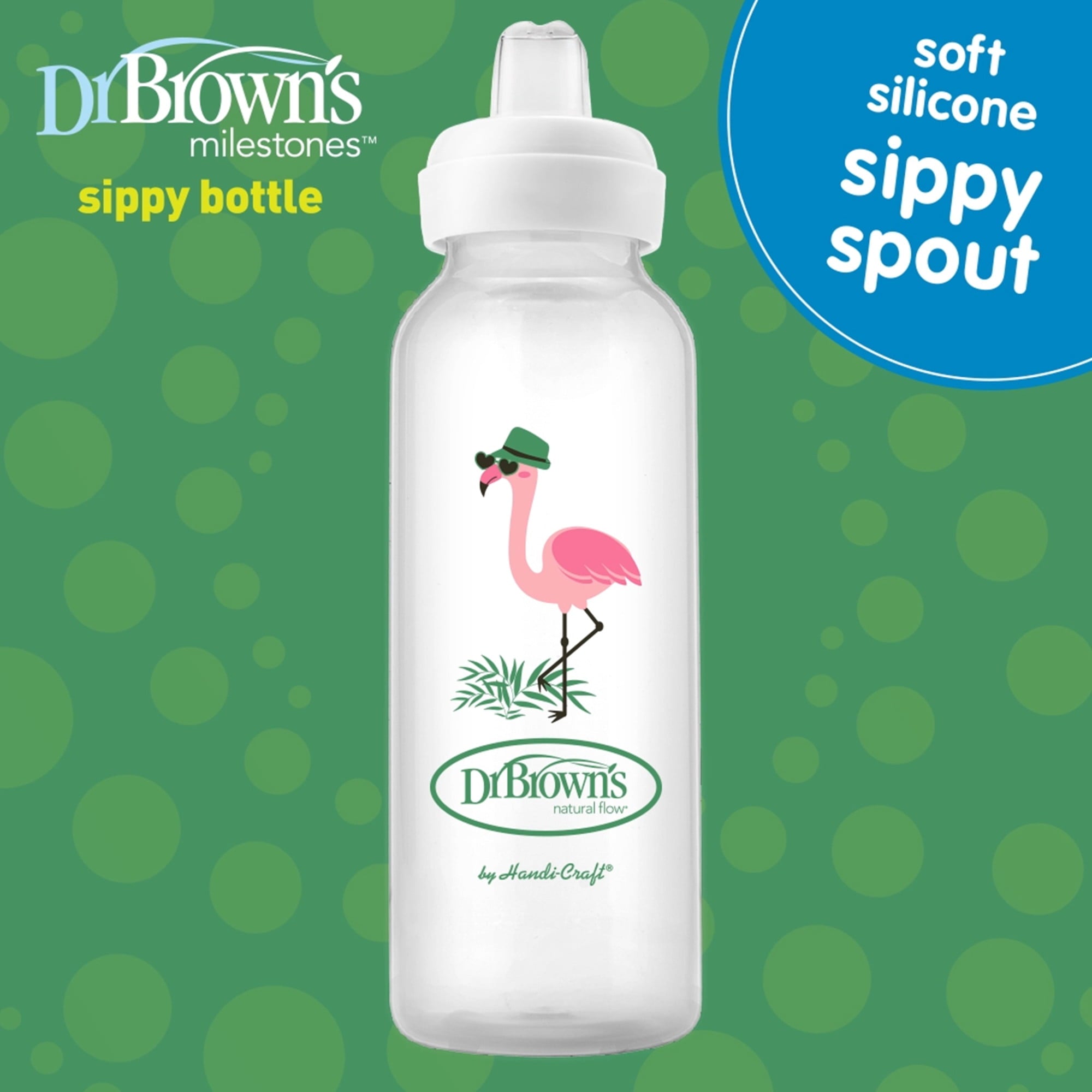 Dr. Brown's Milestones Narrow Sippy Bottle, 100% Silicone Spout, 8oz, Flamingo/Bunny, 6m+, 2 Pack