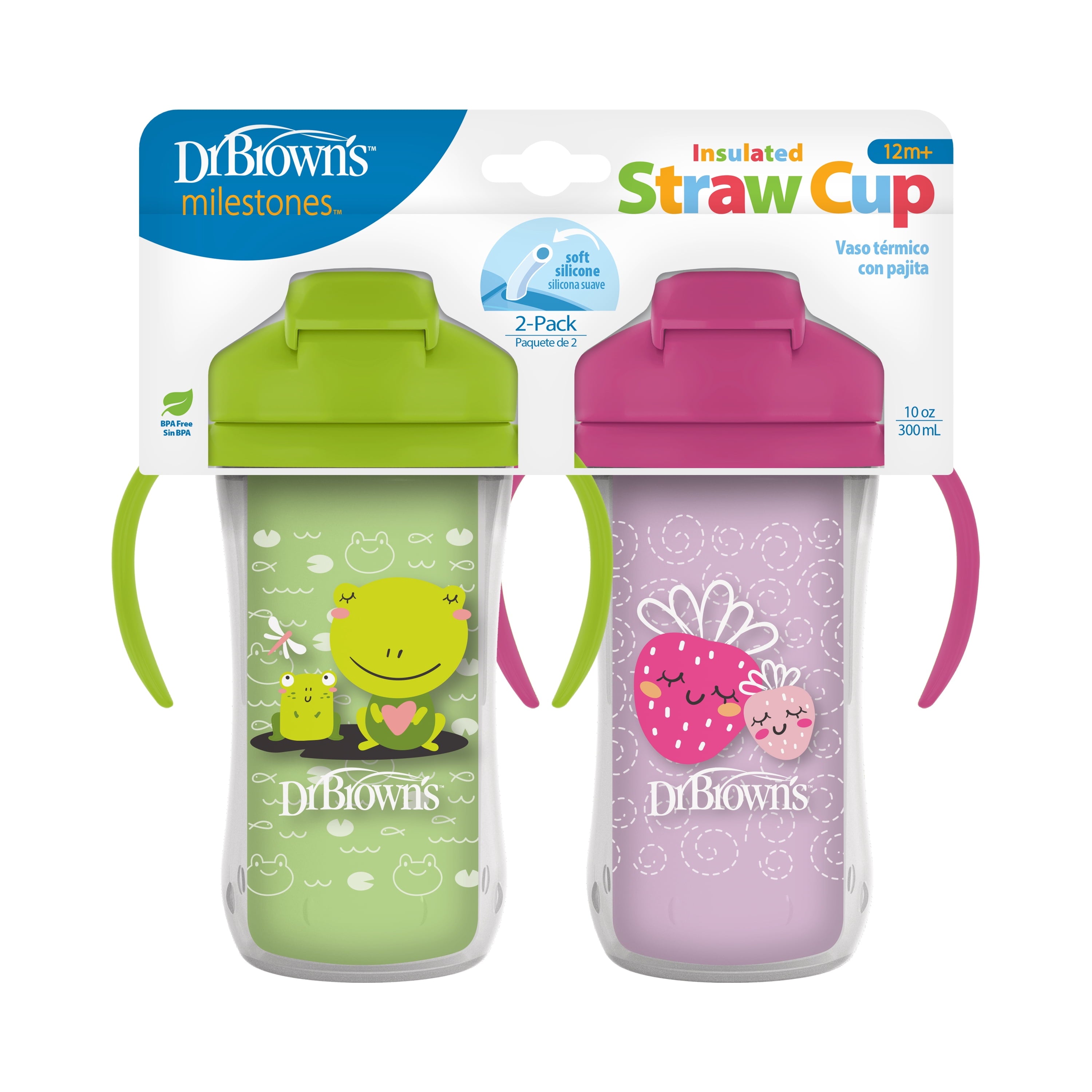 Dr. Brown's Milestones Insulated Sippy Cup with Straw & Handles, Green/Purple, 10oz, 12m+, 2 Pack